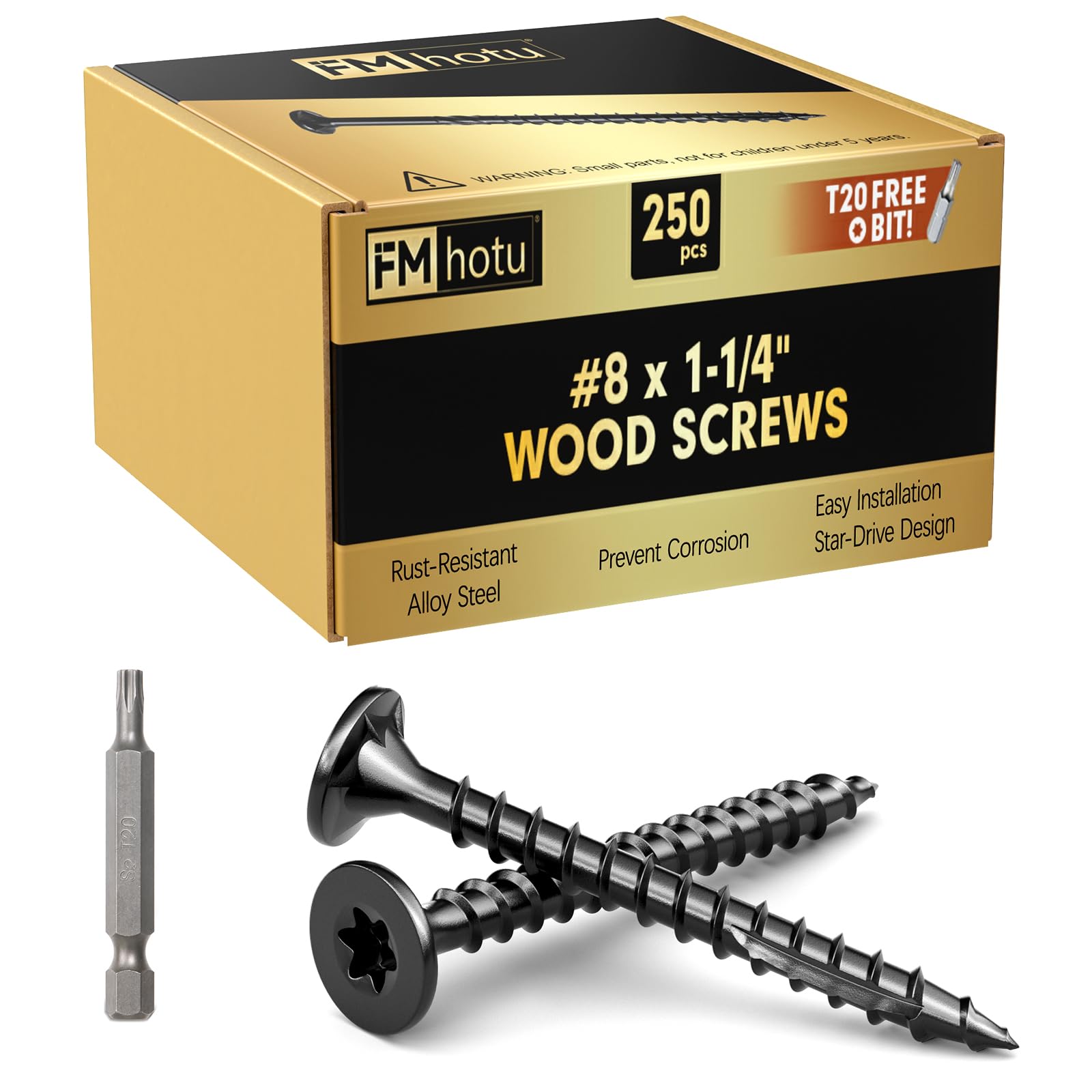 #8 x 1-1/4” Deck Screws, 250Pcs Star Drive Wood Screws, Rust Resistant Timber Screws for Timber/Log/Landscaping Wood, T20 Star Bit Included, Black