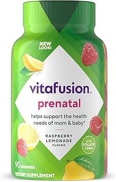 vitafusion PreNatal Gummy Vitamins, Raspberry Lemonade Flavor, Prenatal Vitamin Supplement for Women with Folate and DHA, 45 Day Supply, 90 Count