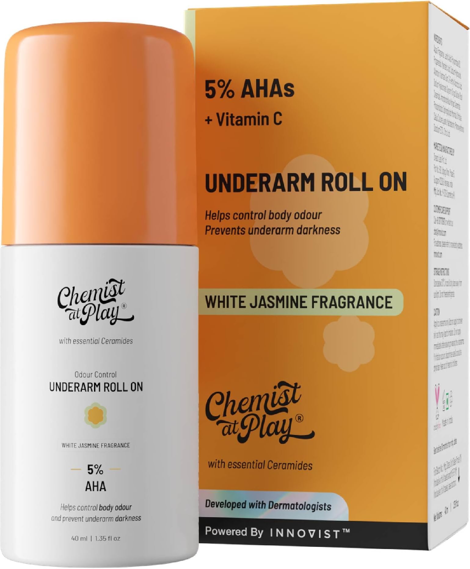 Chemist At Play UnderArm Roll On Deodorant with 5% AHA, Lactic Acid & 1% Mandelic Acid | Prevents Body Odour & Fades Pigmentation | 0% Aluminium & 0% Alcohol | White Jasmine Fragrance | 40ml
