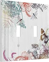 Vista 84 de Cubierta de interruptor de luz basculante de palanca de 2 bandas con textura de tablón rústico, diseño floral de mariposa y margarita