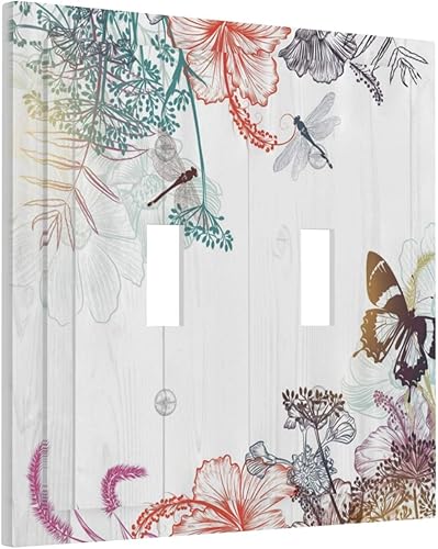 Miniatura 84 de Cubierta de interruptor de luz basculante de palanca de 2 bandas con textura de tablón rústico, diseño floral de mariposa y margarita