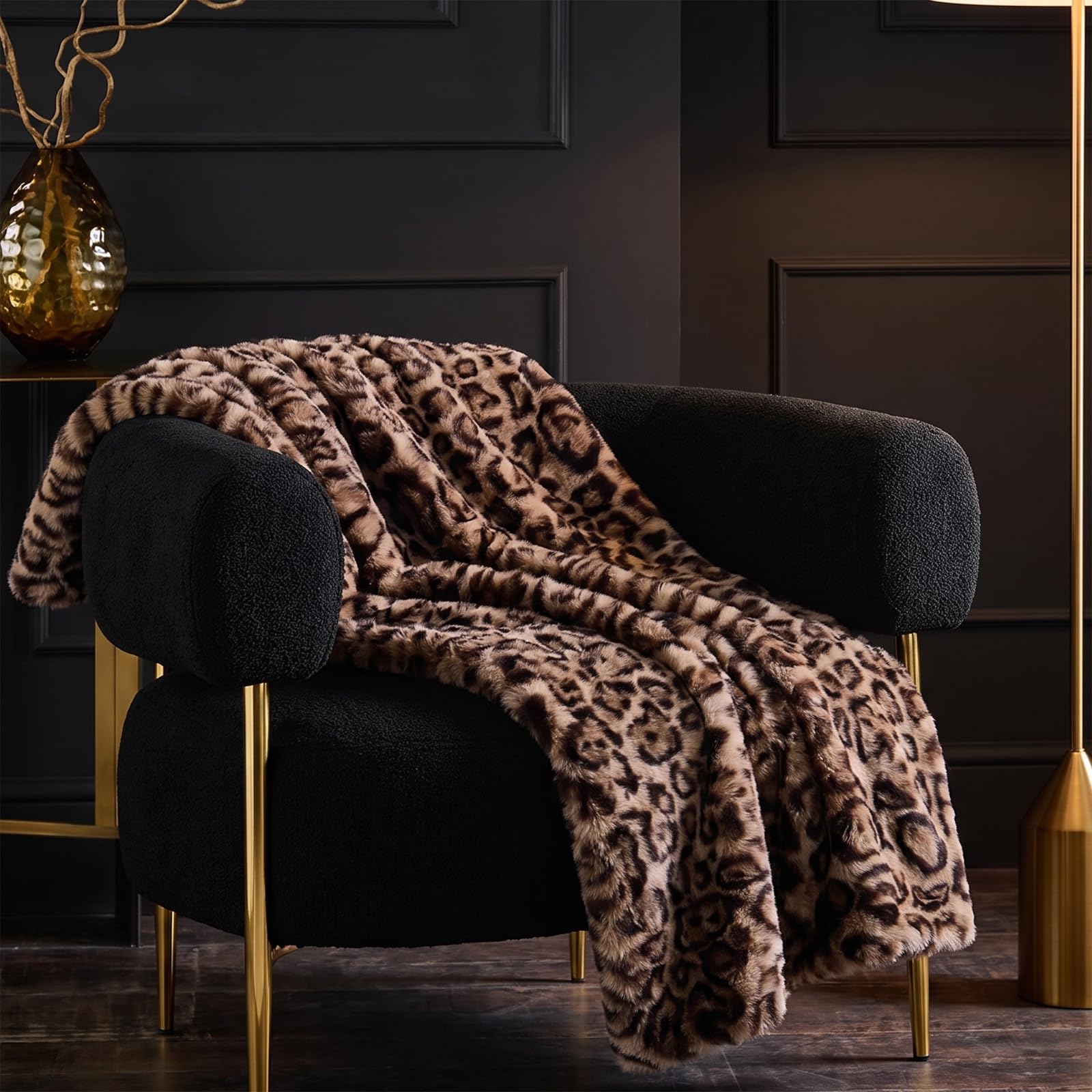 OHS Leopard Faux Fur Throw Sofa Bed Blanket, Brown - 125 x 150cm