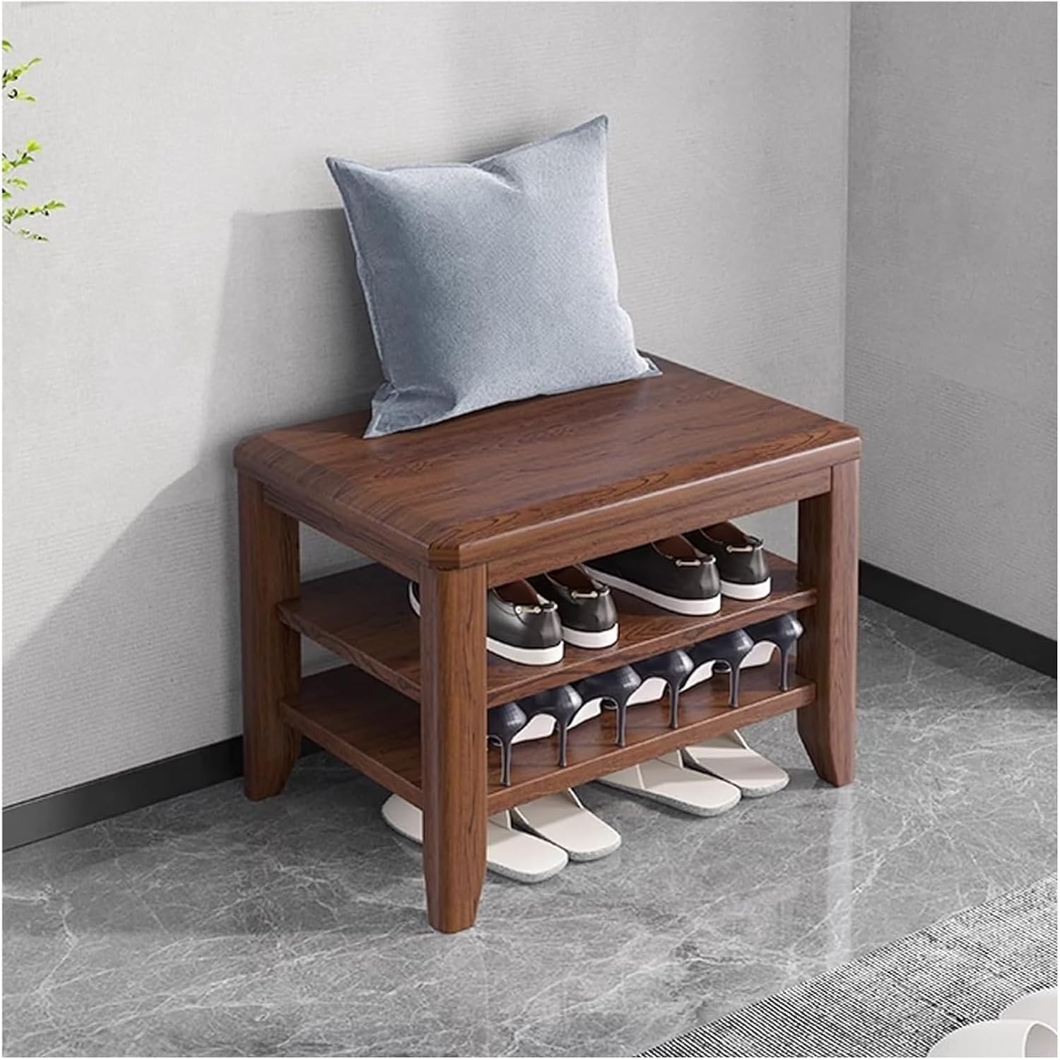 Banc à chaussures en bois massif et pouf de rangement réglable pour entrée