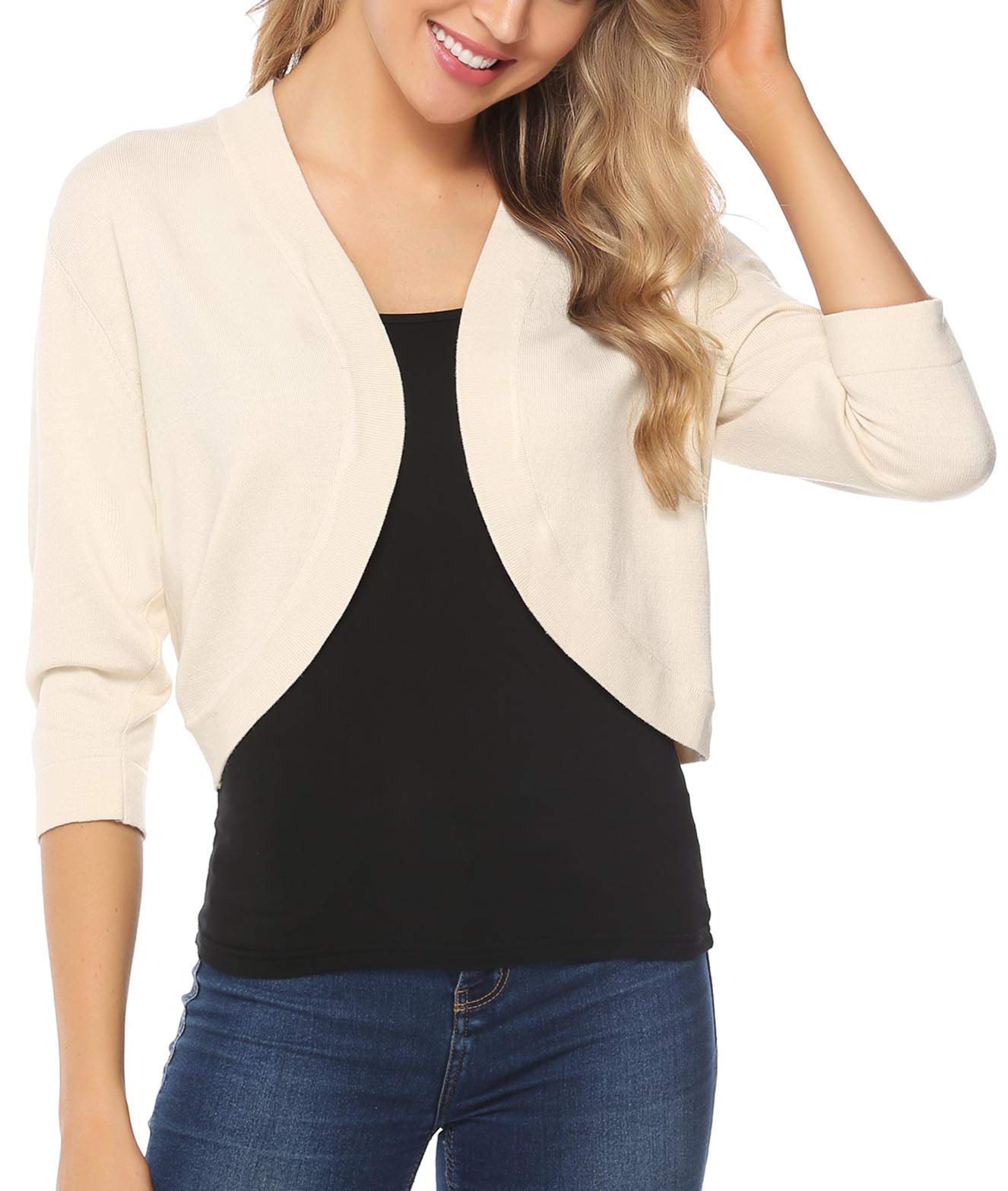 iClosamWomens 3/4 Sleeve Open Front Bolero Shrug Cropped Cardigans Knit Sweater Jacket