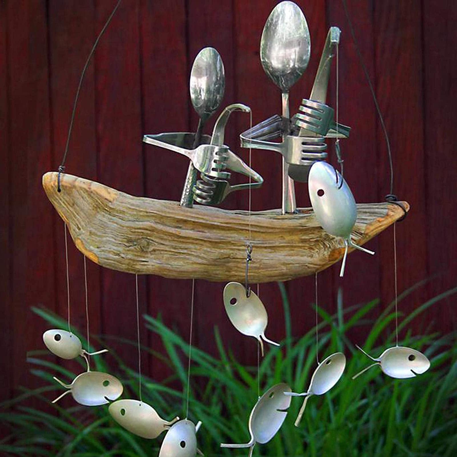 Angler Windspiel, Besteck Mann Fischlöffel Fisch Windspiel Angeln Mann Löffel Fischskulpturen Windspiel, Kreatures Design Küstenstil Windspiel Indoor Outdoor Hanging Room Ornament