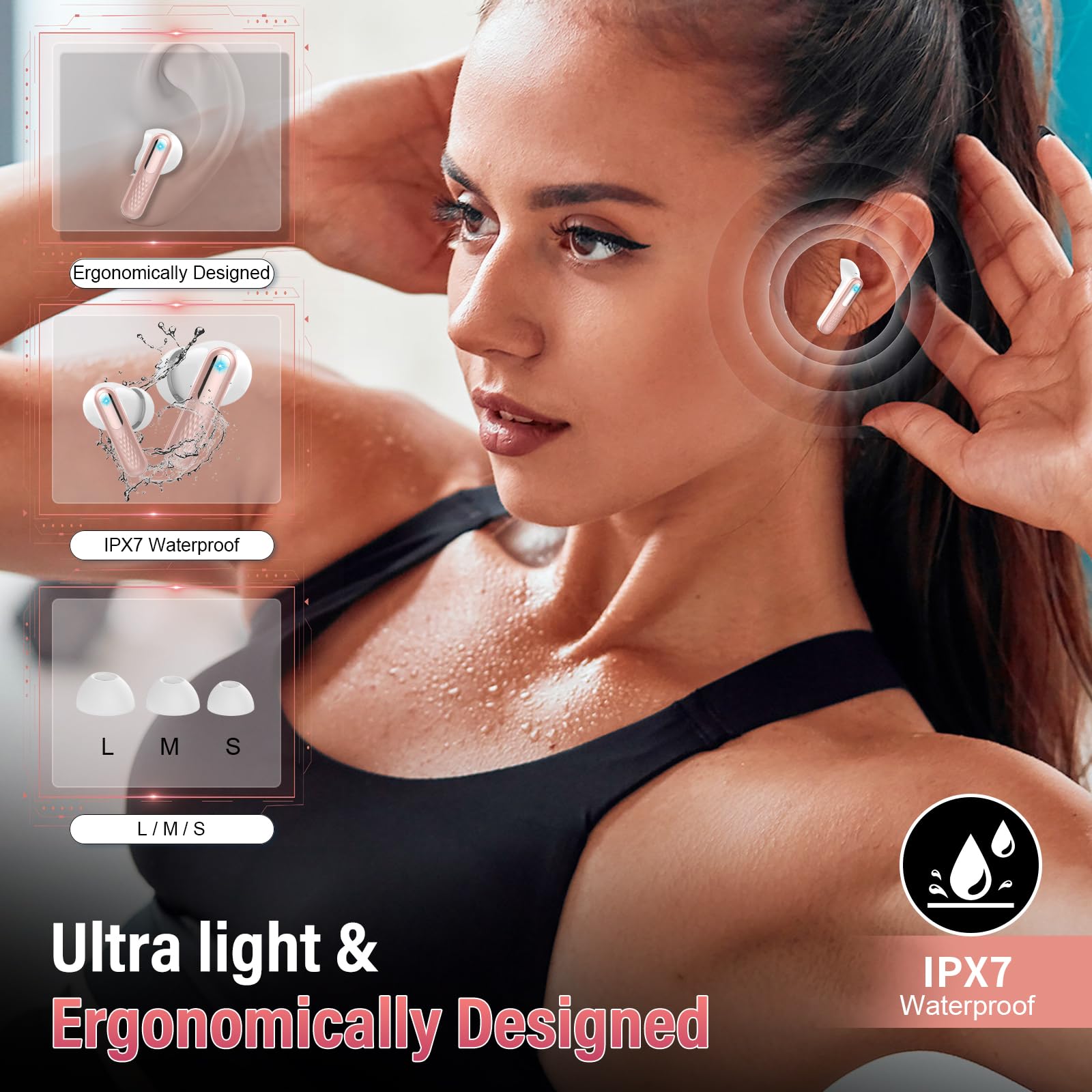 ZYHKON Écouteurs sans Fil avec écran Tactile Intelligent, Bluetooth 5.4 avec Micro, étanchéité IP7, Racine de Lotus Rose