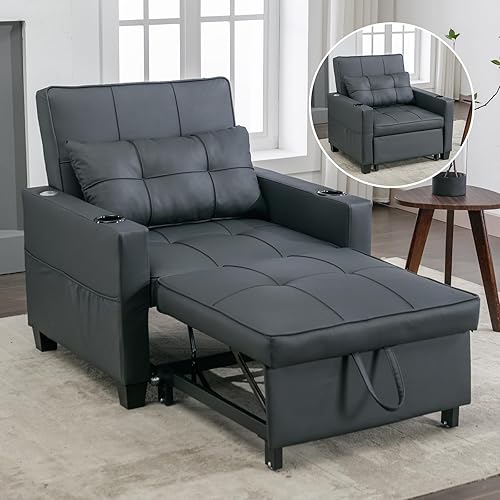 NIOIIKIT Cama extraíble convertible 3 en 1, sofá cama individual tapizado de lino con bolsillos laterales, diván para sala de estar (lino negro)