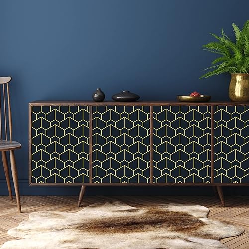 Miniatura 5 de VEELIKE Papel tapiz geométrico azul oscuro dorado de 17.7 x 354 pulgadas para despegar y pegar para dormitorio, papel de contacto geométrico