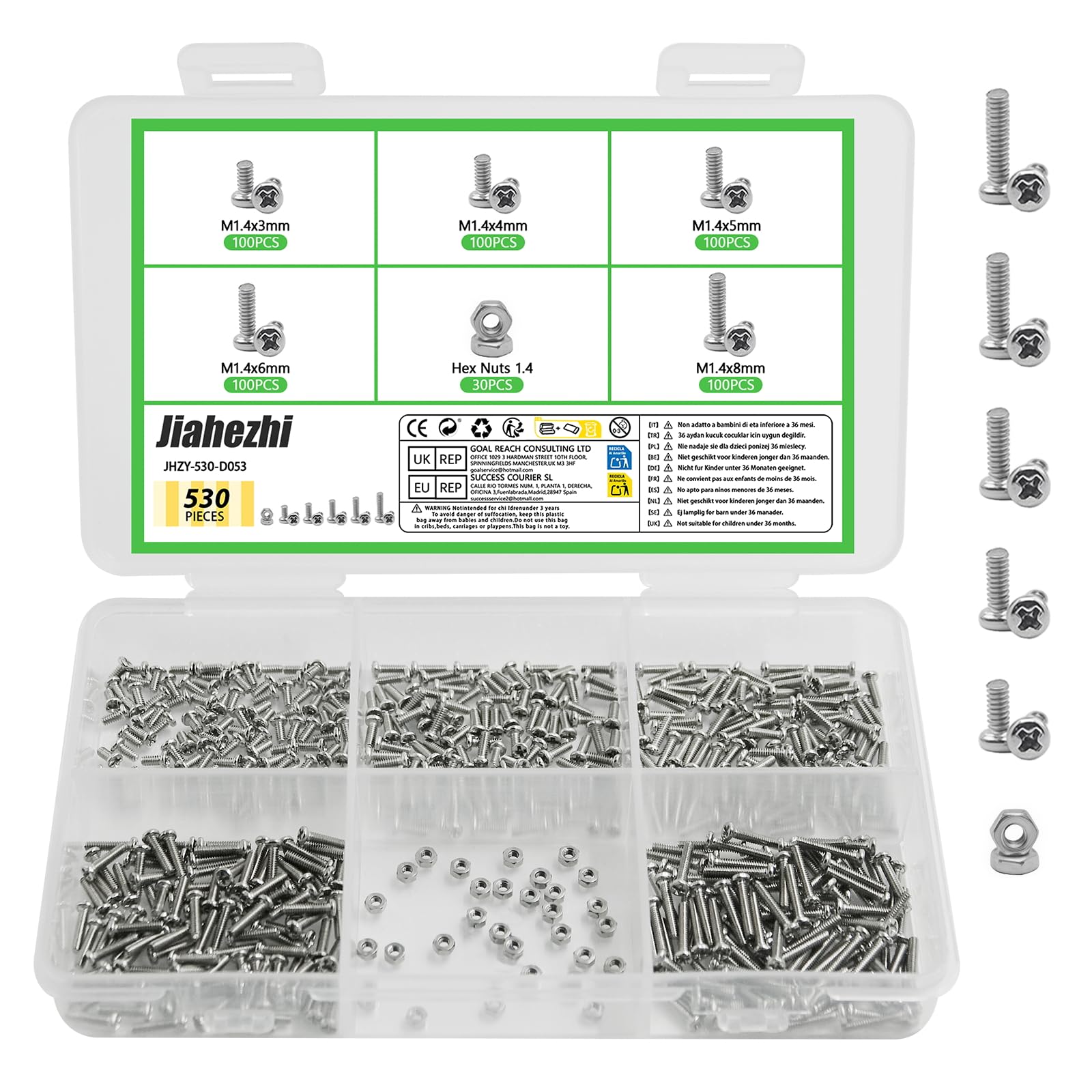 530 Pcs M1.4 Metric Micro Screws & Nuts Assortment, 304 Stainless Steel Phillips Pan Head Fully Threaded Kit for Arduino, RC Models, Electronics, DIY Projects - High Quality Fasteners