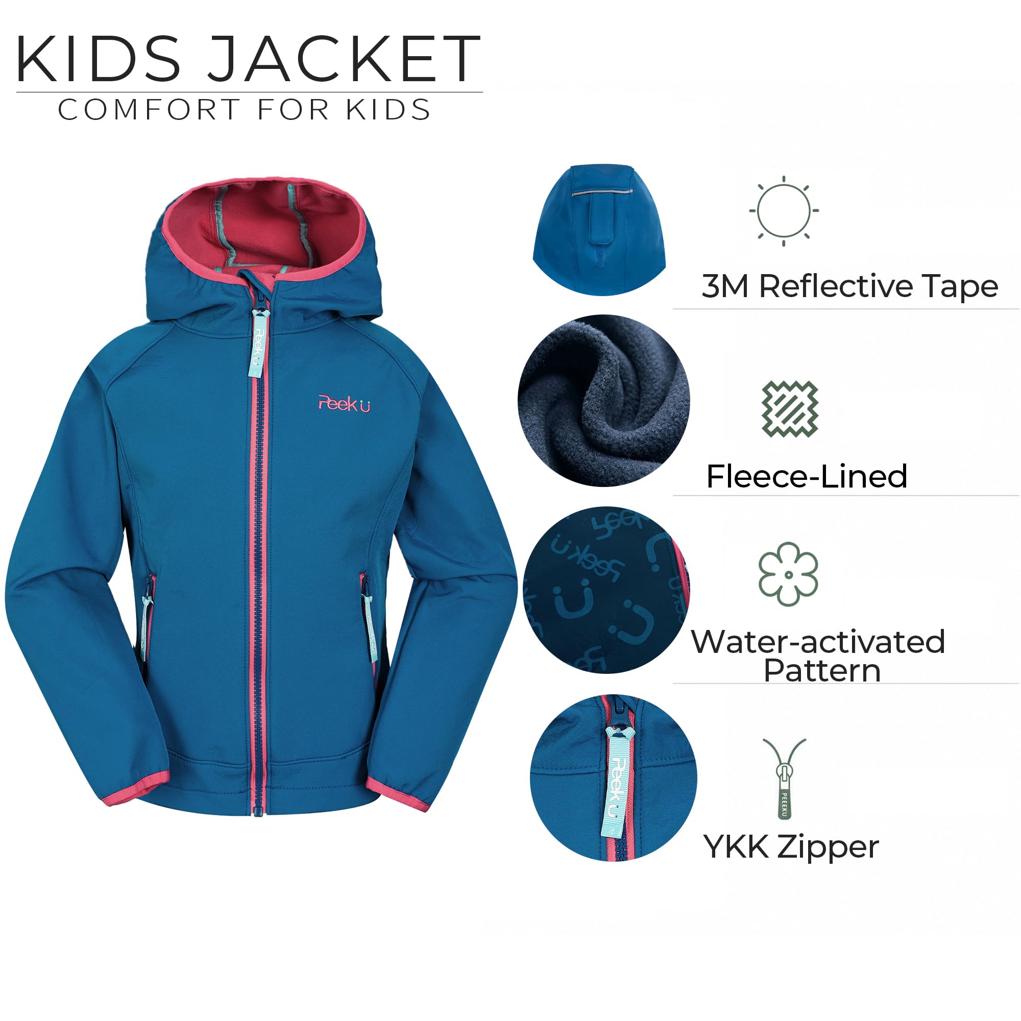 Kinderjacke mit Fleecefutter,Wasserresistente winddichte Jacke mit wasserreaktivem Print für Jungen und Mädchen