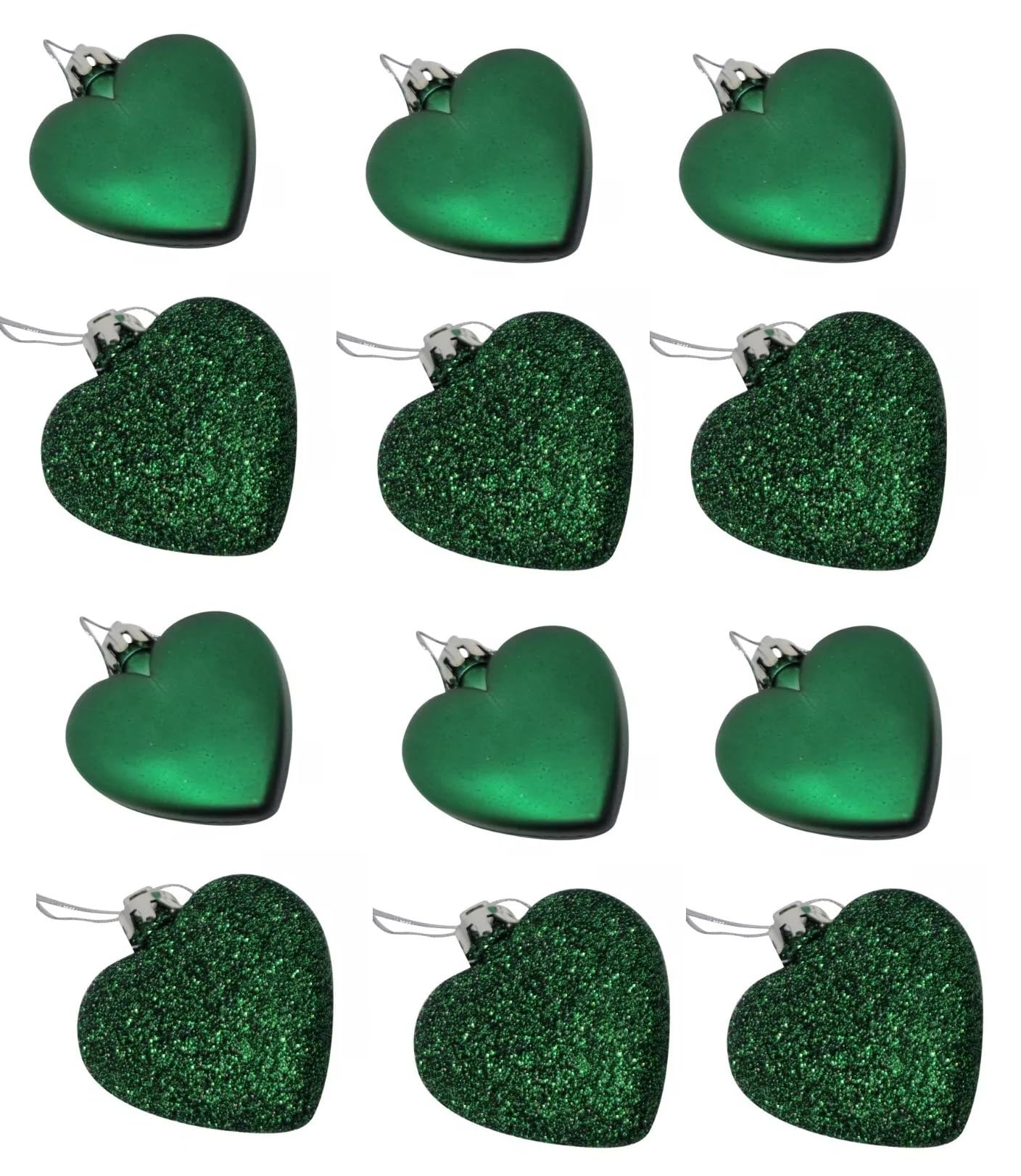 12 Green Heart Shaped Bauble Hearts Christmas Traditional Ornament Hanging Tree Decorations Glitter Matt