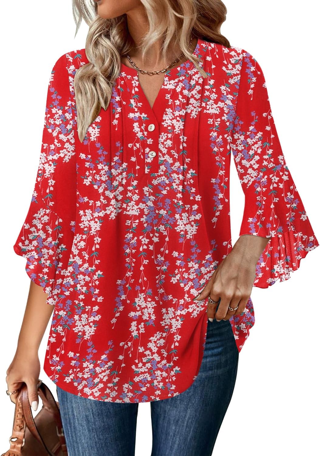 Angerella Womens 3/4 Sleeve Dressy Casual Top Trendy Shirts V Neck Business Work Chiffon Blouses - Image 3