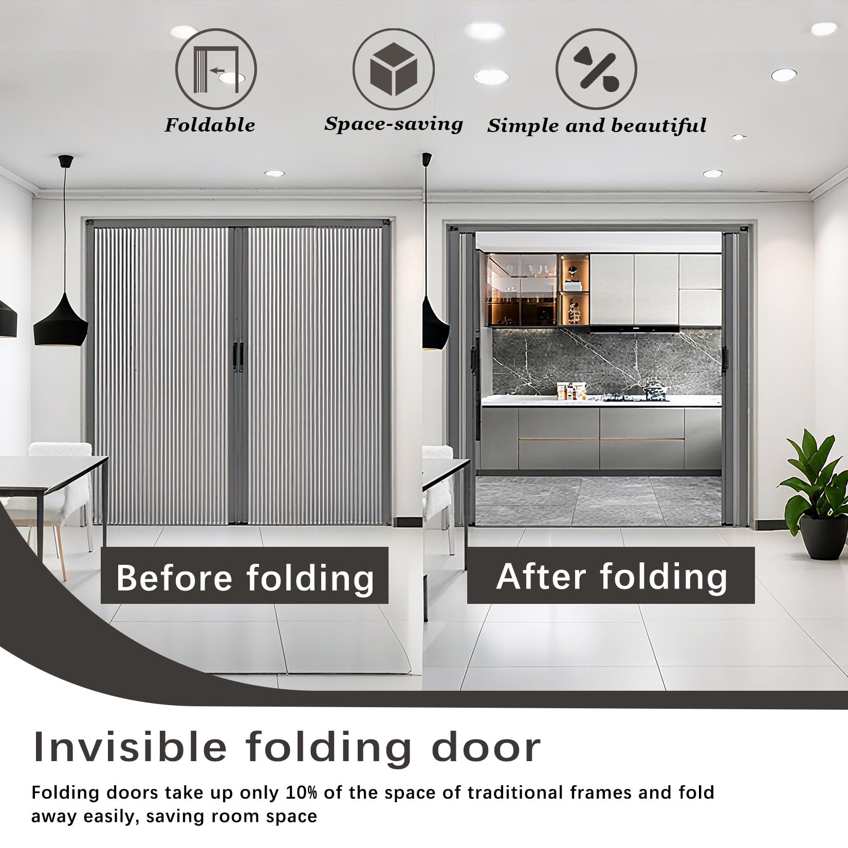 Portes Accordéon Intérieures,de 180/190/200/210 cm de Hauteur,Design Nid D'abeille,kit de Porte coulissante Invisible,Cloison De Séparation Pliable Pour Chambre/Salon/Salle De Bain 85×190cm Gris