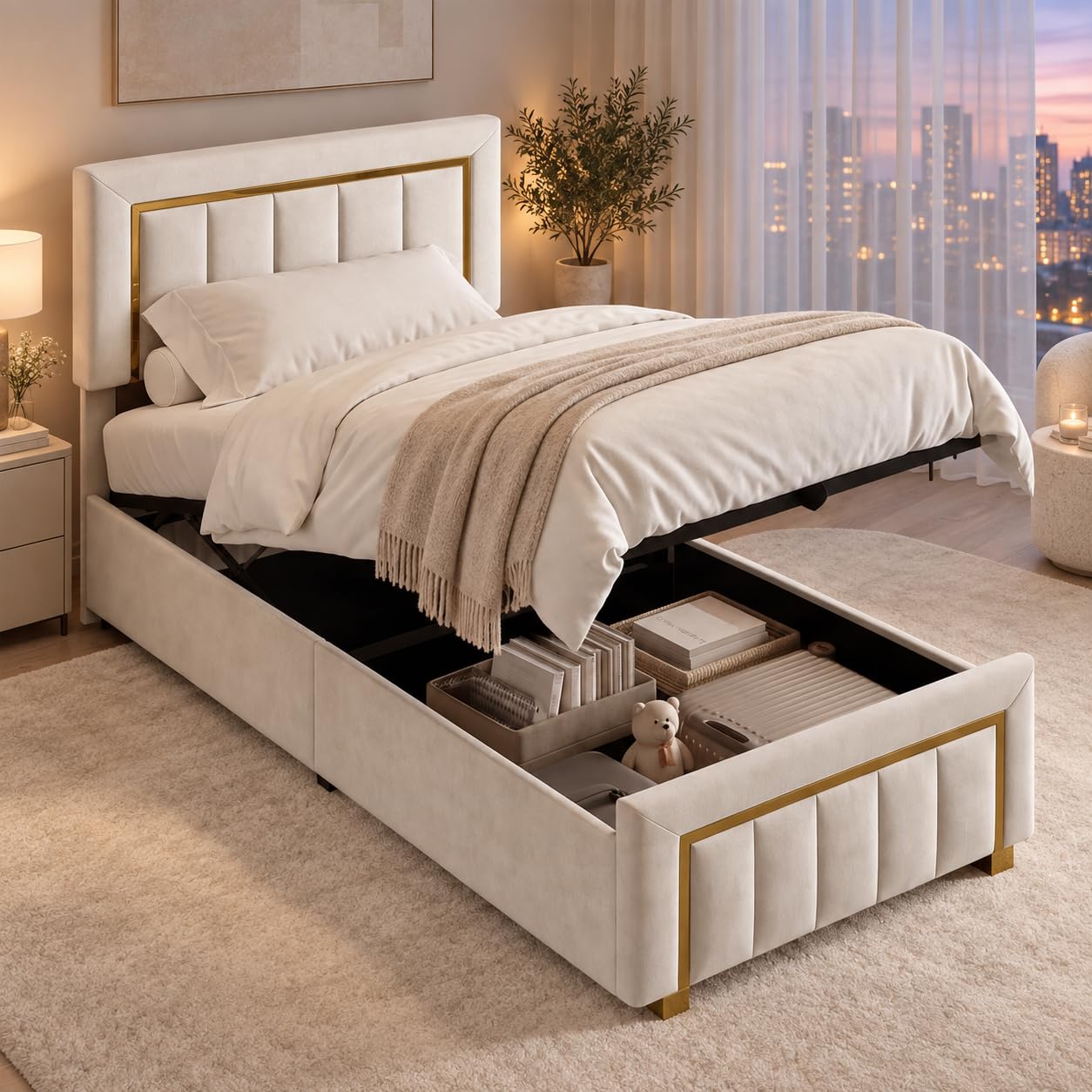 BRILVERDE Einzelbett 90x200 mit Stauraum, Polsterbett mit Kopfteil, Jugendbett, Bettgestell mit Lattenrost, Gästebett, ohne Matratze, Samt (Beige, 90 x 200 cm)