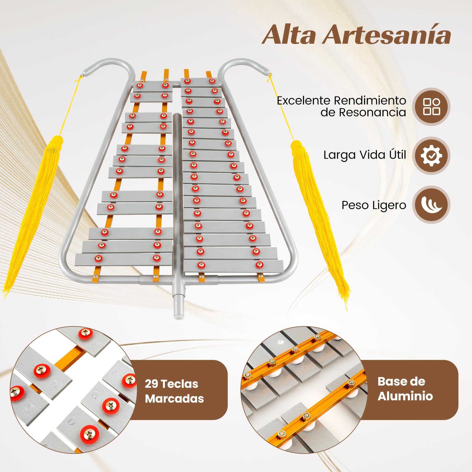 COSTWAY Xilófono Escolarcon Mango Ajustable, Kit de Campana Glockenspiel de 29 Notas para Adultos, 2 Mazos y Cinturón, Instrumento de Percusión Educativo para Principiantes y Profesionales, Plateado
