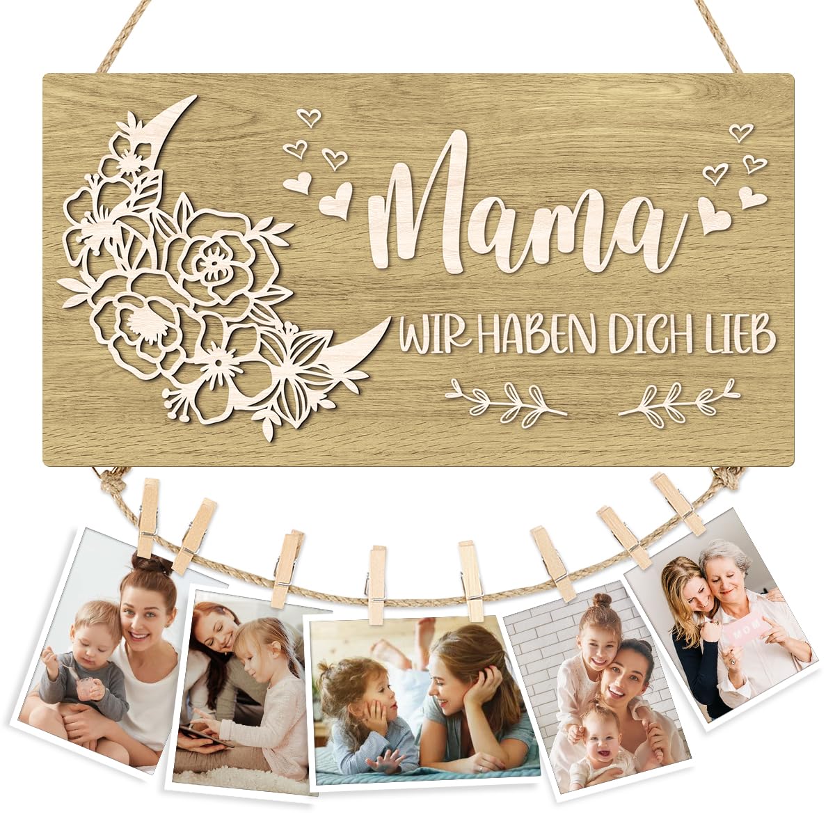 KAIRNE Mama,wir haben dich lieb Schild Mama Geschenk Geburtstagsgeschenk Schild mit Spruch Tolles Mond Blume Geschenk für Mama zum Geburtstag Muttertag oder Weihnachten