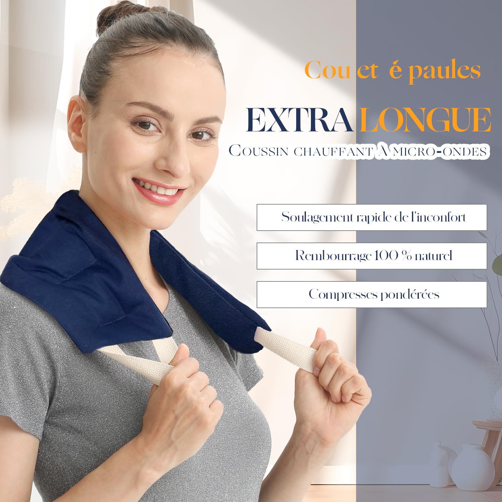 uncn Longue Coussin Chauffant du cou Cervicales Micro Onde, Bouillotte Micro-Onde, graine de lin,noyaux cerises,grande poche chauffante nuque epaule et dos,ventre