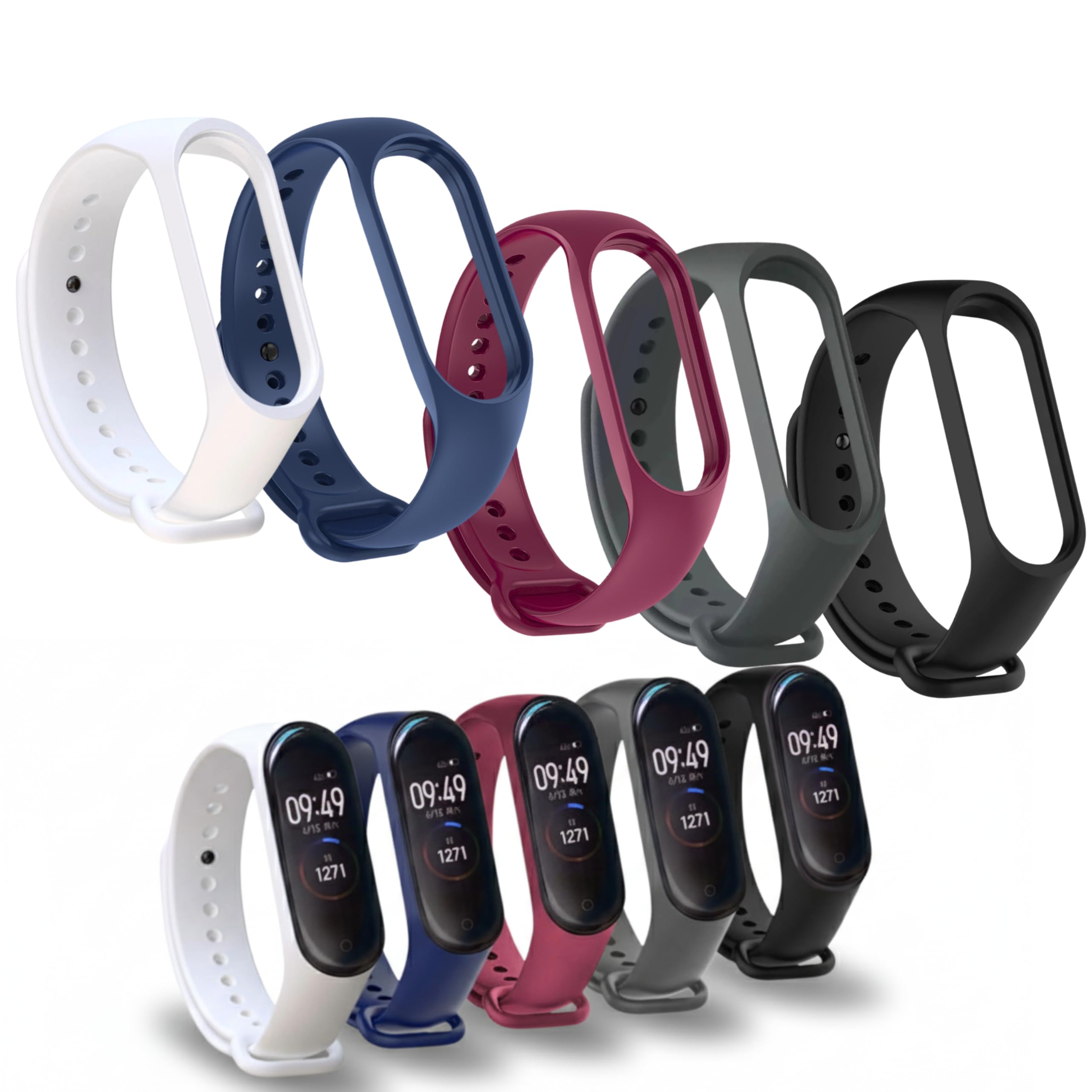 Kit 5 Pulseiras Compativel MI Band 3 e 4 Cores Preto Azul Cinza Vinho Marsala Branco