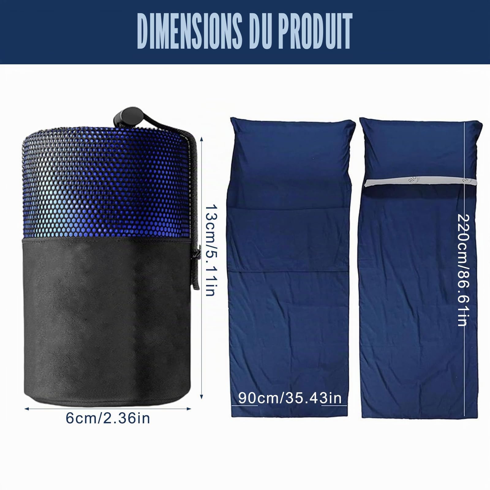 Sac de couchage 2 en 1 en coton ultra léger - 220 x 90 cm - Avec fermeture éclair - Sac de couchage de refuge - En microfibre - Avec compartiment pour coussin - Pour le camping, la randonnée