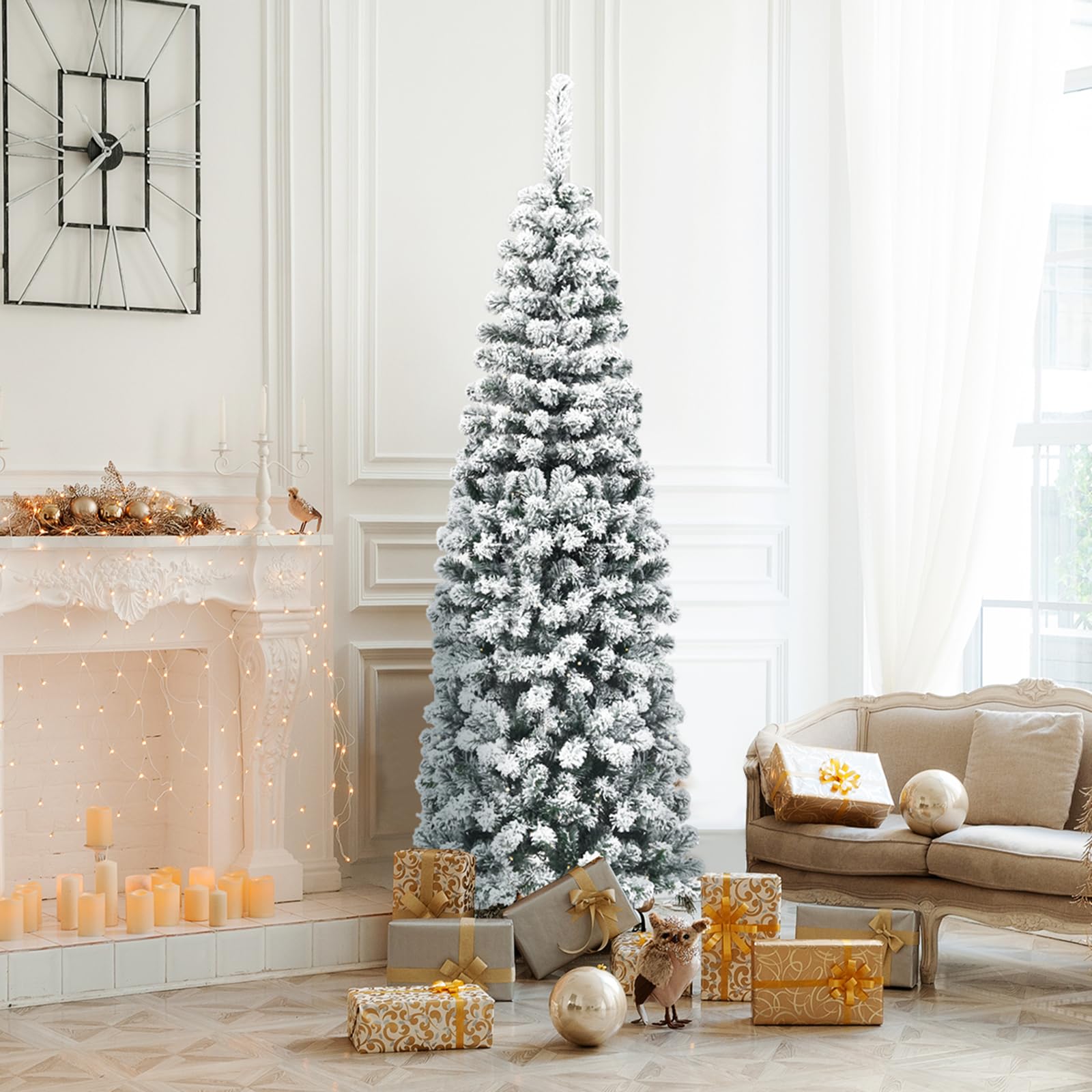 COSTWAY Albero di Natale Innevato 140/180/225 cm, Albero di Natale Artificiale Slim con 242/500/641 Rami Realistici e Folti e Base Pieghevole di Metallo, Apertura a Ombrello (180 cm)