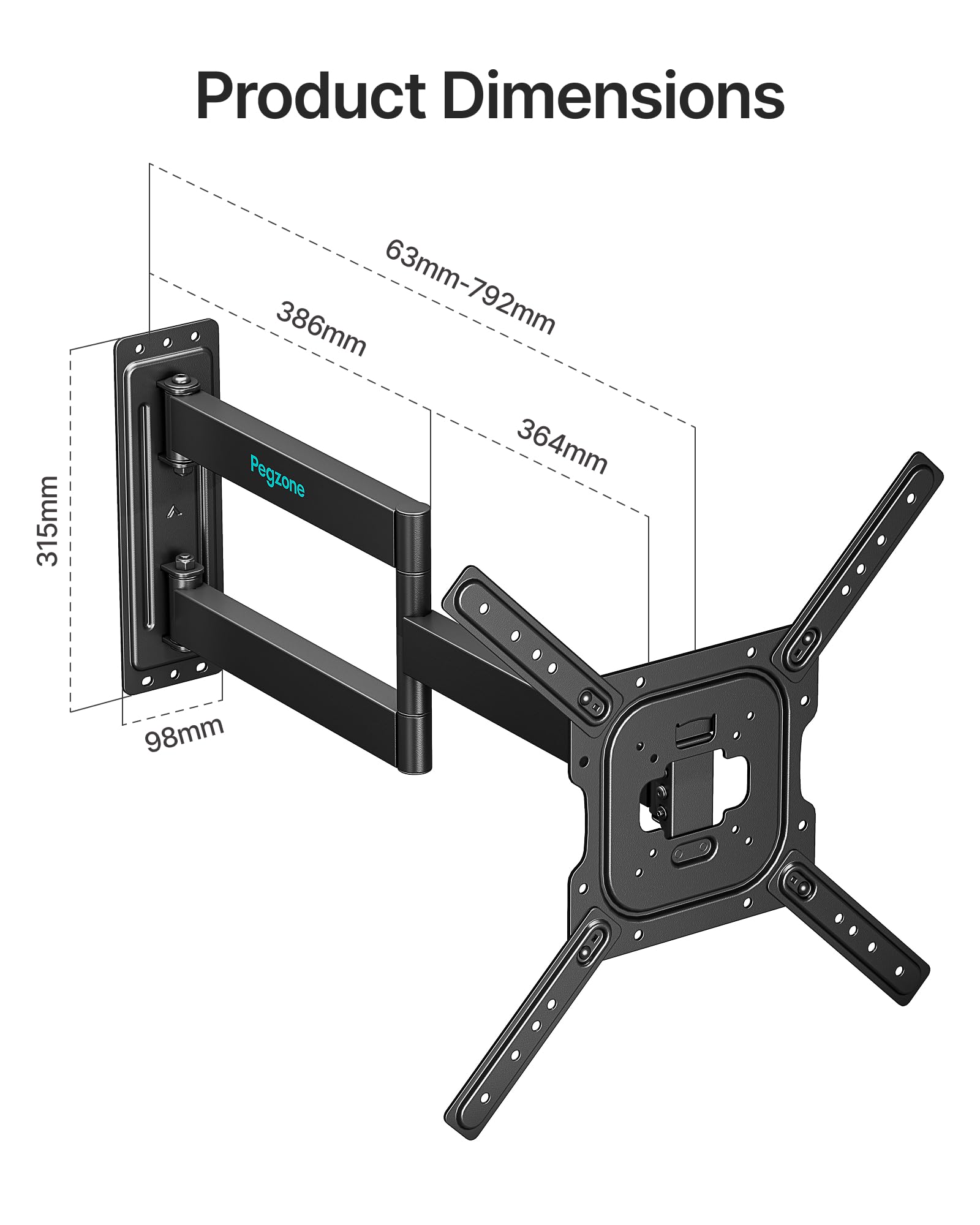PEGZONE Supporto da parete per TV a maniche lunghe, 63-792 mm, per TV da 23-75", fino a 50 kg, max. VESA 400 x 400 mm, orientabile