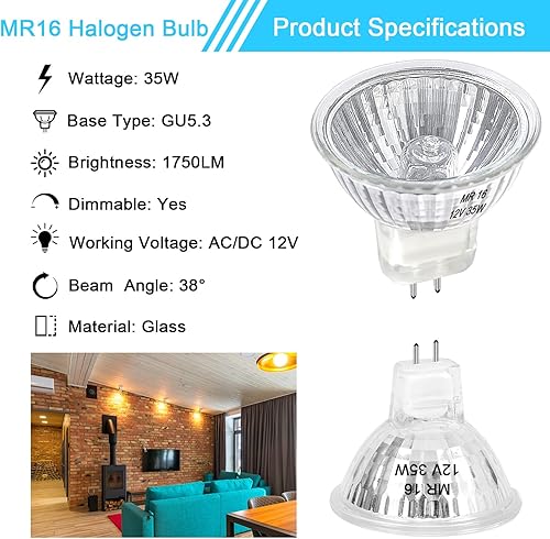 Miniatura 10 de Bombilla halógena MR16 de 50 W regulable de 12 V GU5.3 con base de dos pines con larga vida útil, bombillas MR16 blancas cálidas de 2700 K con