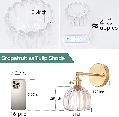 Miniatura 3 de Apliques de pared vintage con bonita pantalla de cristal transparente de tulipán transparente de 180 grados, apliques de latón ajustables con