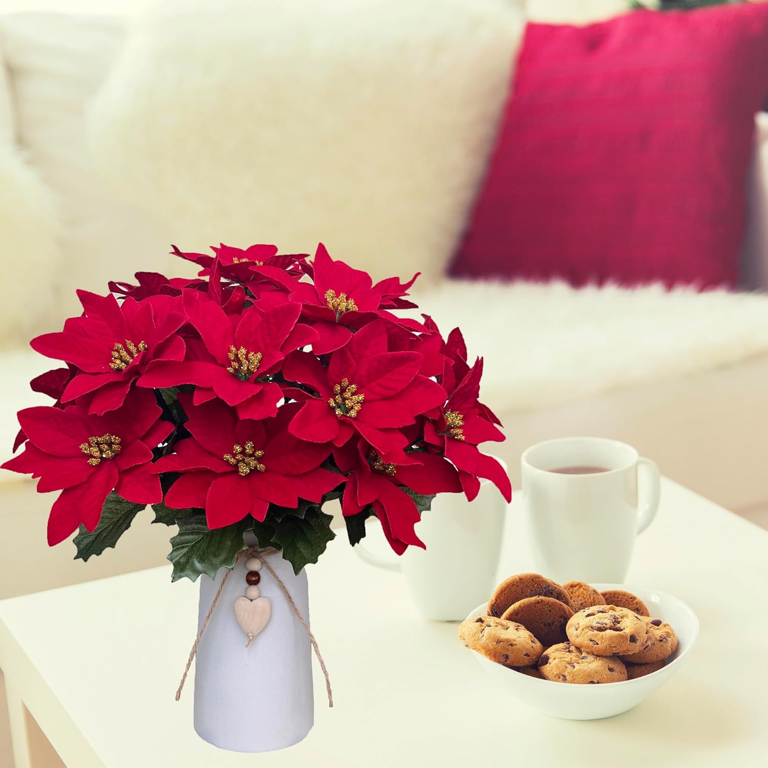 Artificial Red Poinsettia Christmas Flower Arrangement in Decorative White Vase, Holiday Floral Centerpiece with Heart Accent, Perfect Christmas Décor for Home, Office, or Gifts