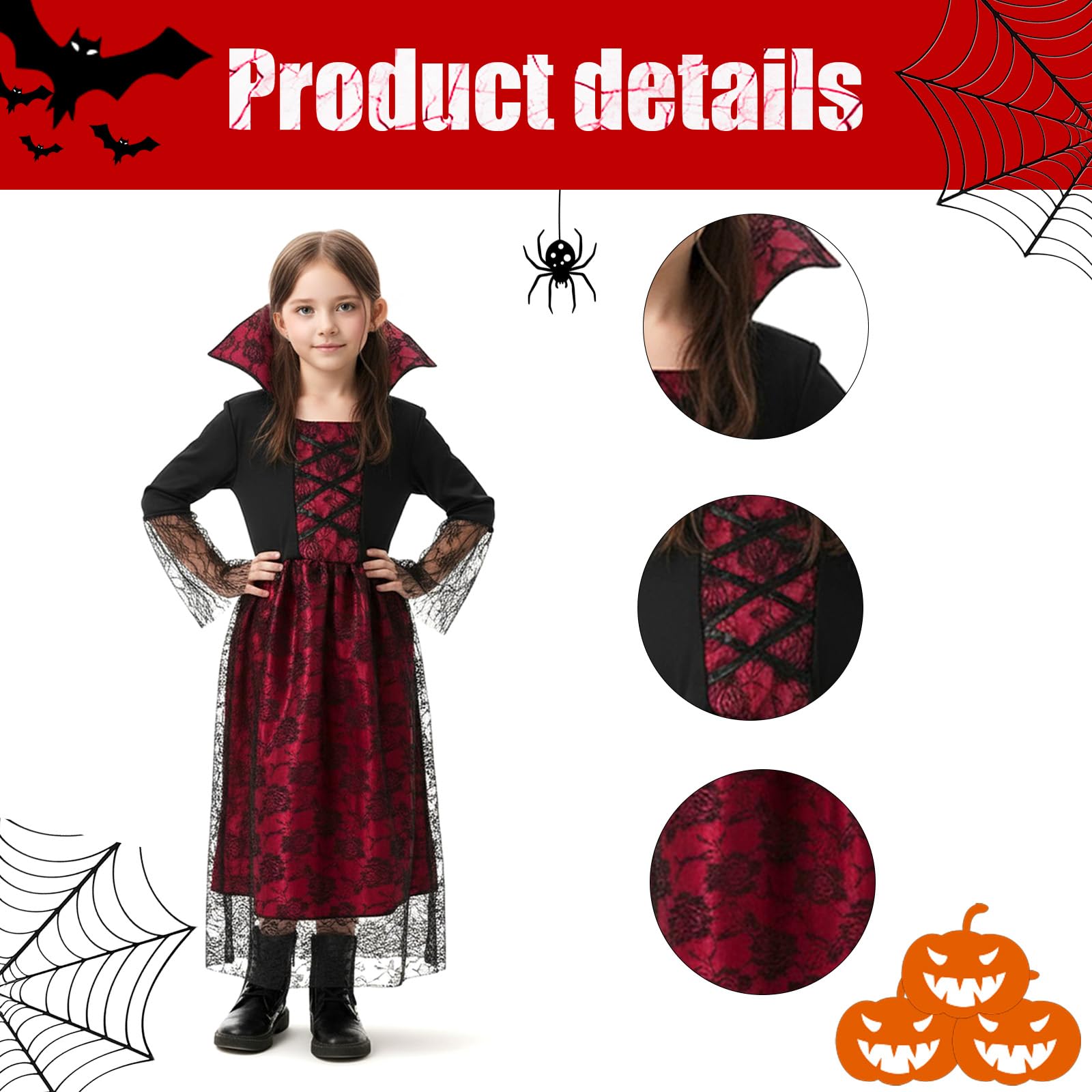 Moerstar Kids Vampire Costume Halloween Girls Vampire Princess Costume Set including Necklace Earrings for Halloween Fancy Dress Cosplay Costume (M) - Image 2