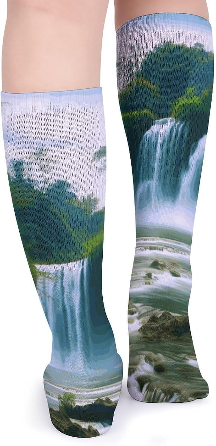 5-Pack Knee High Socks, 15.7 Inch Breathable Casual Socks Waterfall Scenery Stockings for Men Women