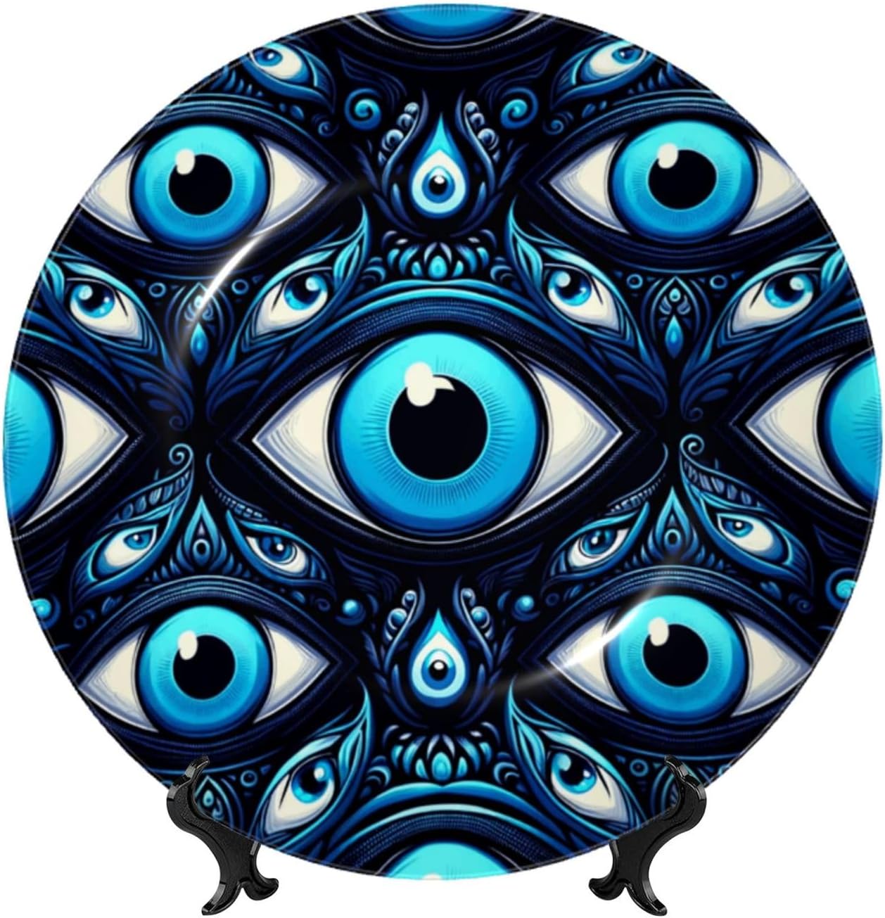 Turkish-Blue-Evil-Eye-Bead 10 Inch Decorative Plate With Stand, Elegant Display Wall Plate For Home Decor