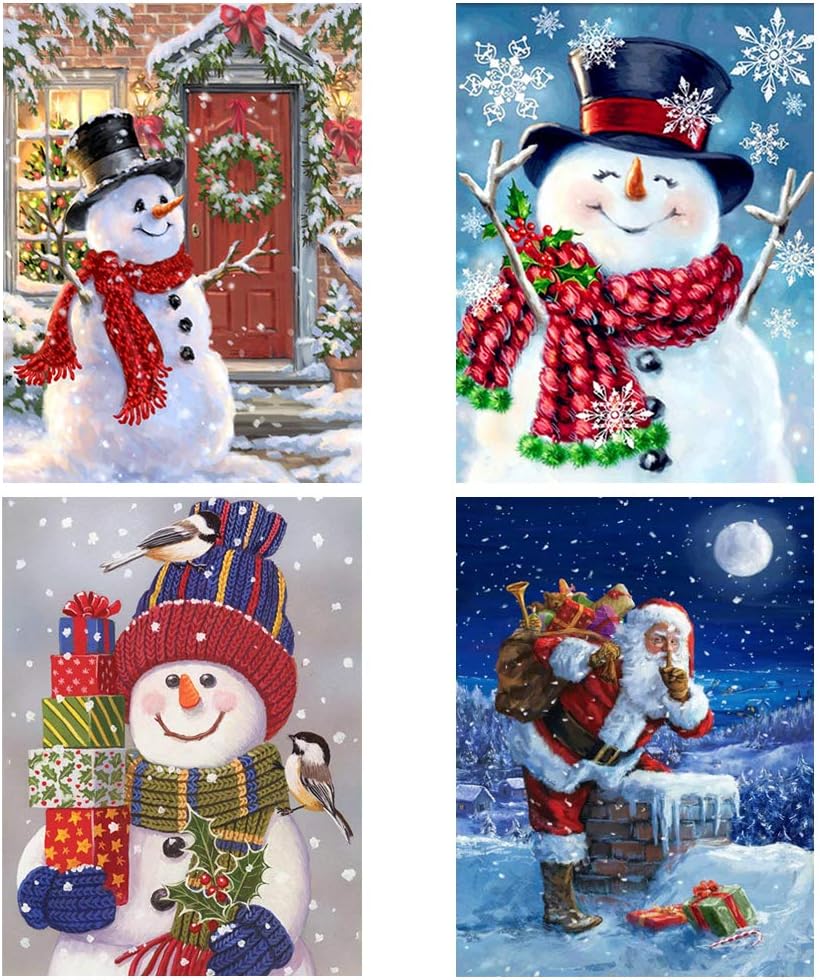 SINBLUE 4 Pack Christmas Full Drill 5D DIY Diamond Painting Kits - Christmas Santa Snowman Rhinestone Embroidery Painting Bird Cup Tea Gift for Festival House Decoration