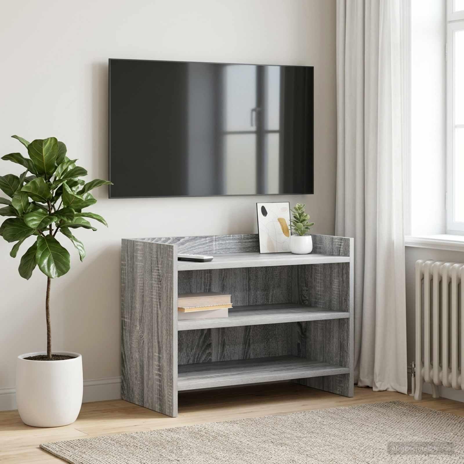 Mobile TV in legno grigio sonoma 60 x 33 x 47 cm, mobile basso con 2 ripiani e ampio spazio di archiviazione, facile da pulire, per soggiorno, gaming e home theatre