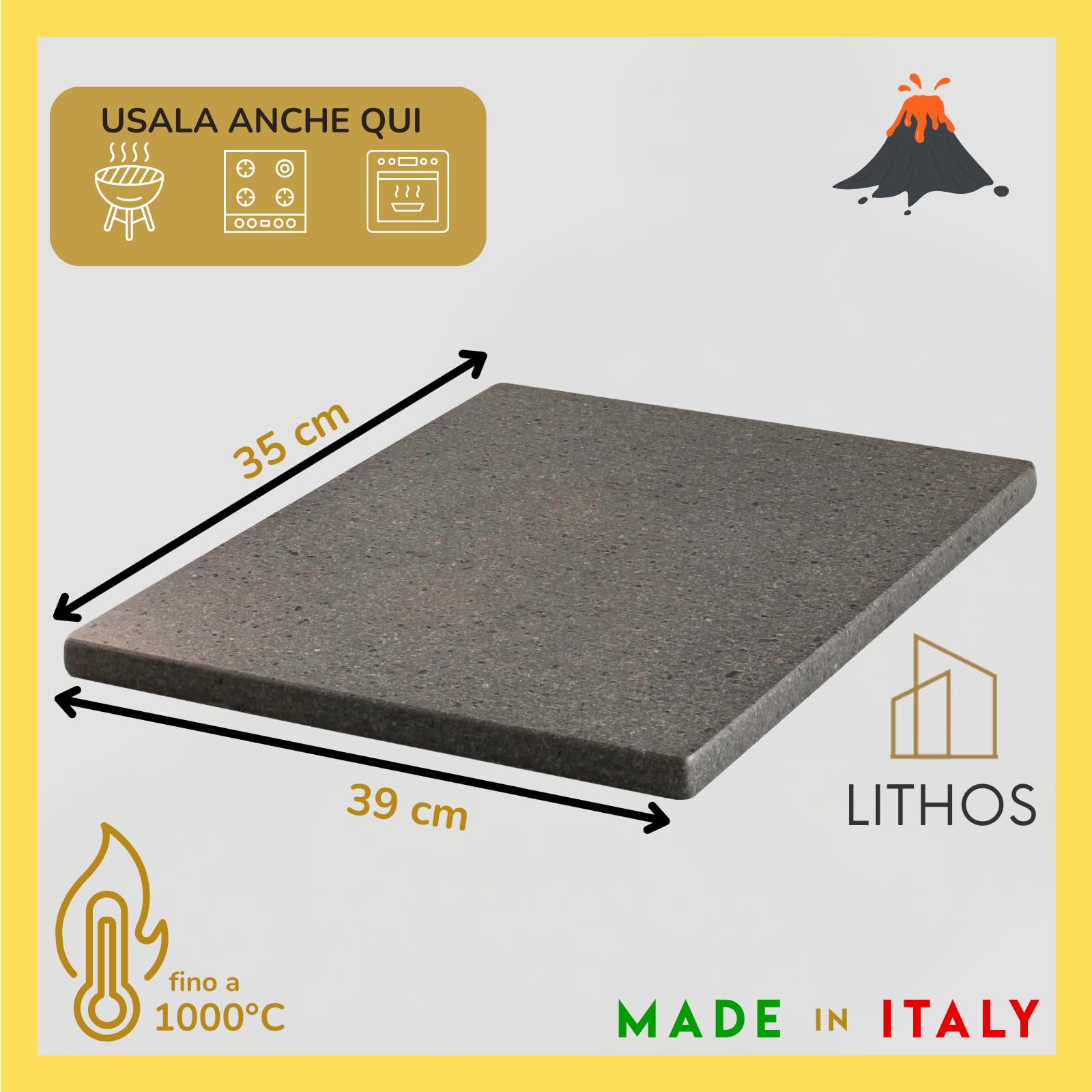 Plato de Piedra Volcánica Refractaria para Horno y Barbacoa, 39 x 35 cm, 2 cm de Grosor, Pulido Liso