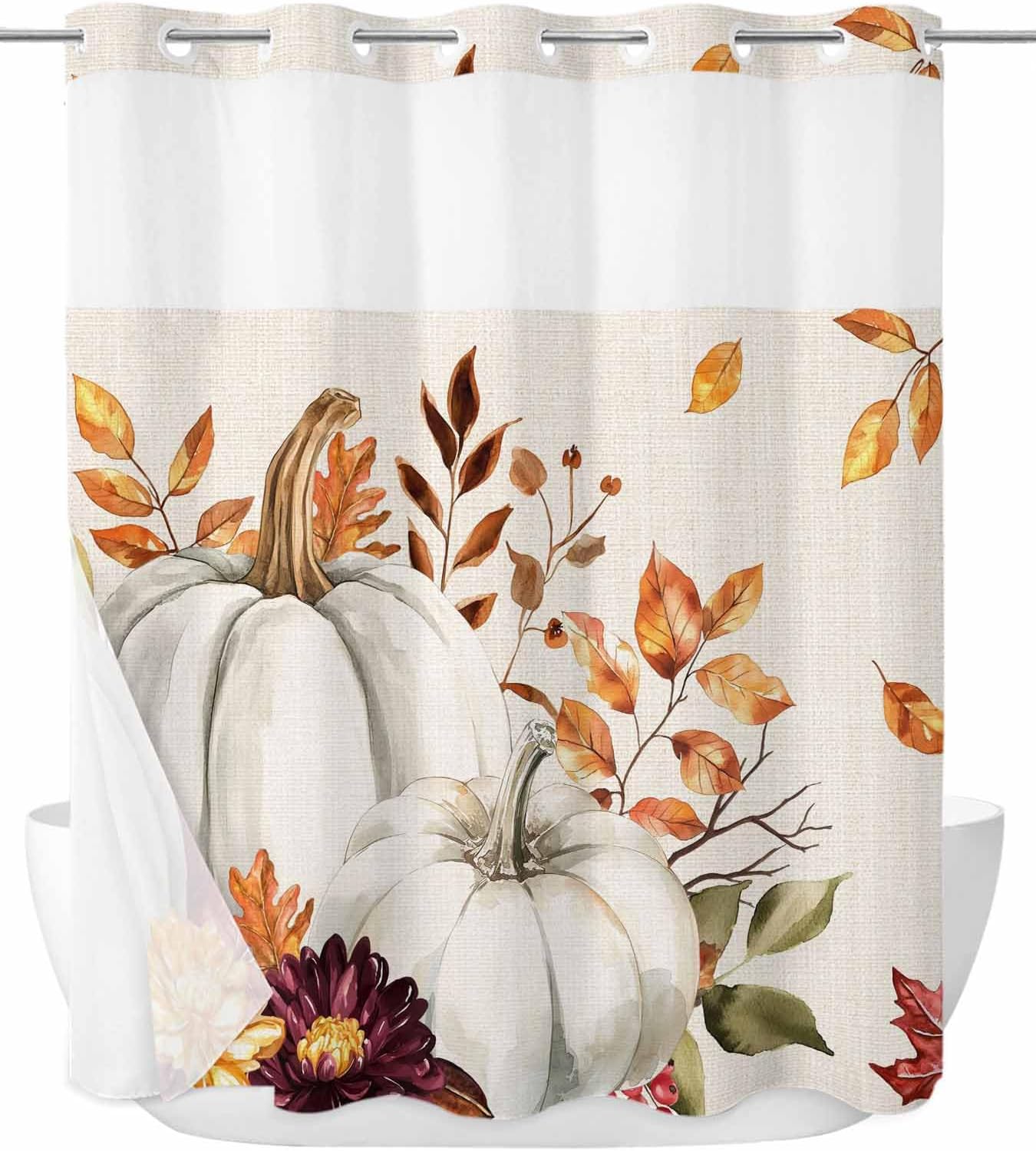 No Hook Thanksgiving Shower Curtain with Snap in Liner Set,Autumn Harvest Watercolor Pumpkin Double Layers Shower Curtains with See Through Top Window Fall Maple Leaves on Linen Bath Curtain,72Wx72L
