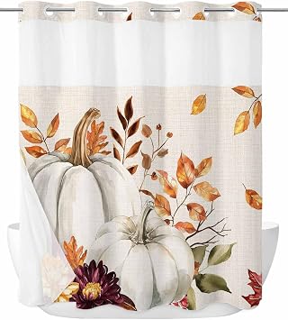 No Hook Thanksgiving Shower Curtain with Snap in Liner Set,Autumn Harvest Watercolor Pumpkin Double Layers Shower Curtains with See Through Top Window Fall Maple Leaves on Linen Bath Curtain,72Wx72L