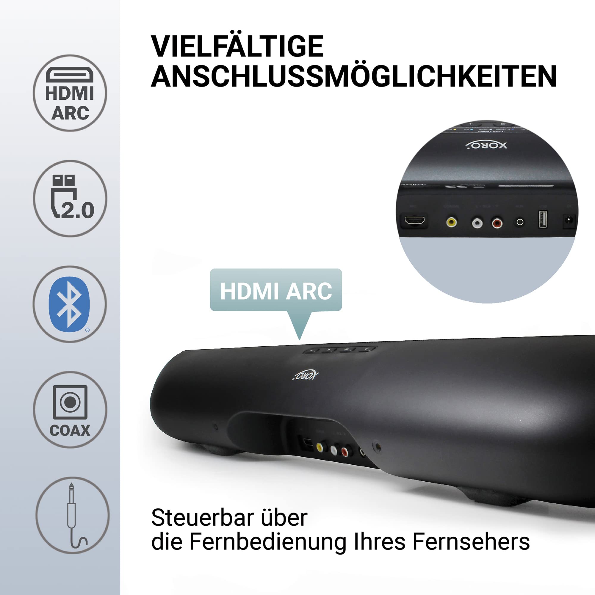 Xoro Haut-Parleur TV stéréo HSB 70 avec Bluetooth, Puissance de Sortie 60 W, AV in, HDMI Arc, Lecteur multimédia USB 2.0, Support Mural, télécommande Infrarouge