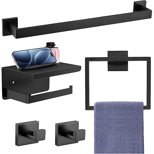 5-Pieces Matte Black Bathroom Accessories Set, SUS 304 Stainless Steel Bathroom Hardware Set, 16 Inch Towel Bar Set, Towel Holder Towel Racks for Bathroom Wall Mounted