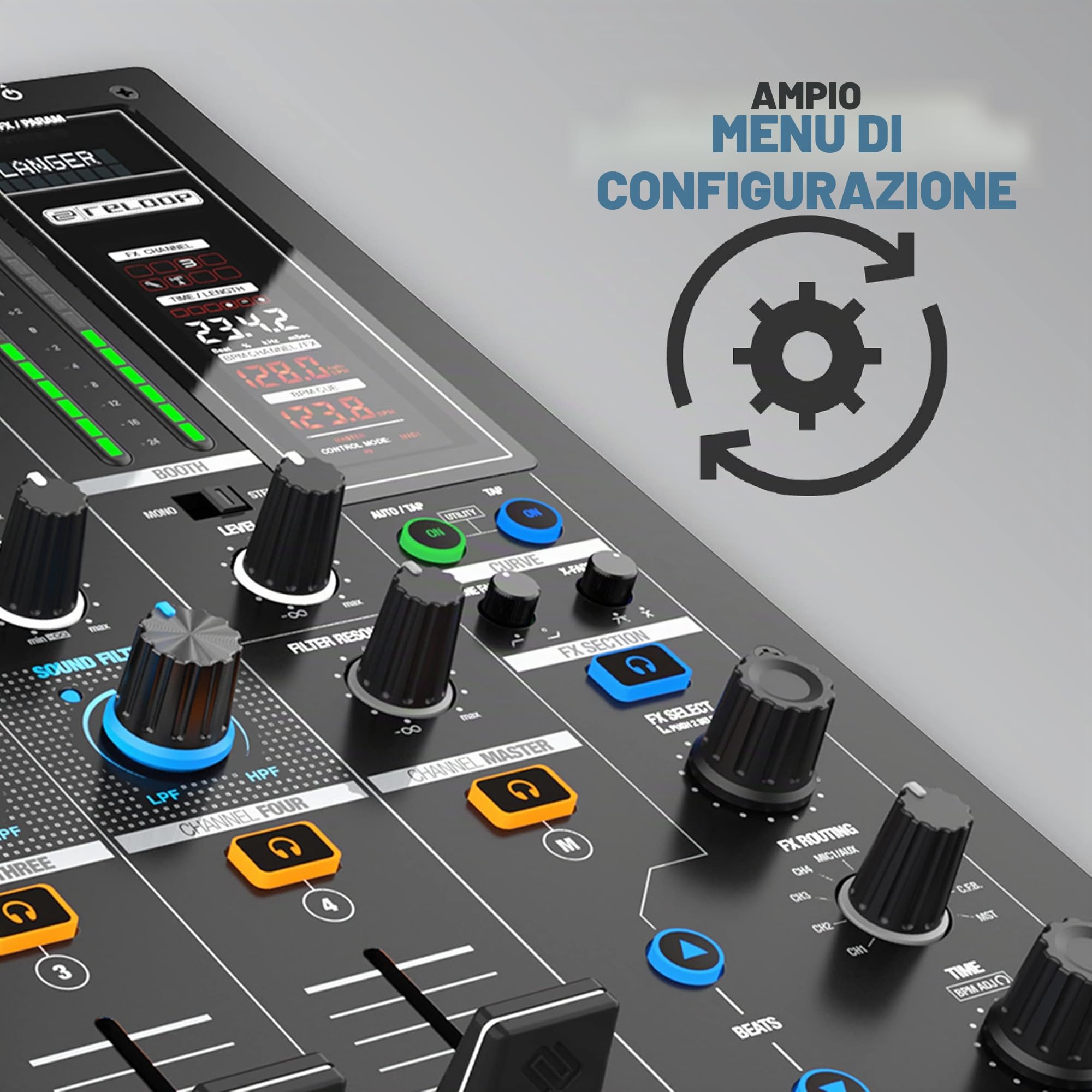 Reloop RMX-95 | Clubmixer a 4+1 canali per DJ con interfaccia a 24 bit di alta qualità, unità FX, filtri audio, modalità Neural Mix™ EQ e hub USB attivo