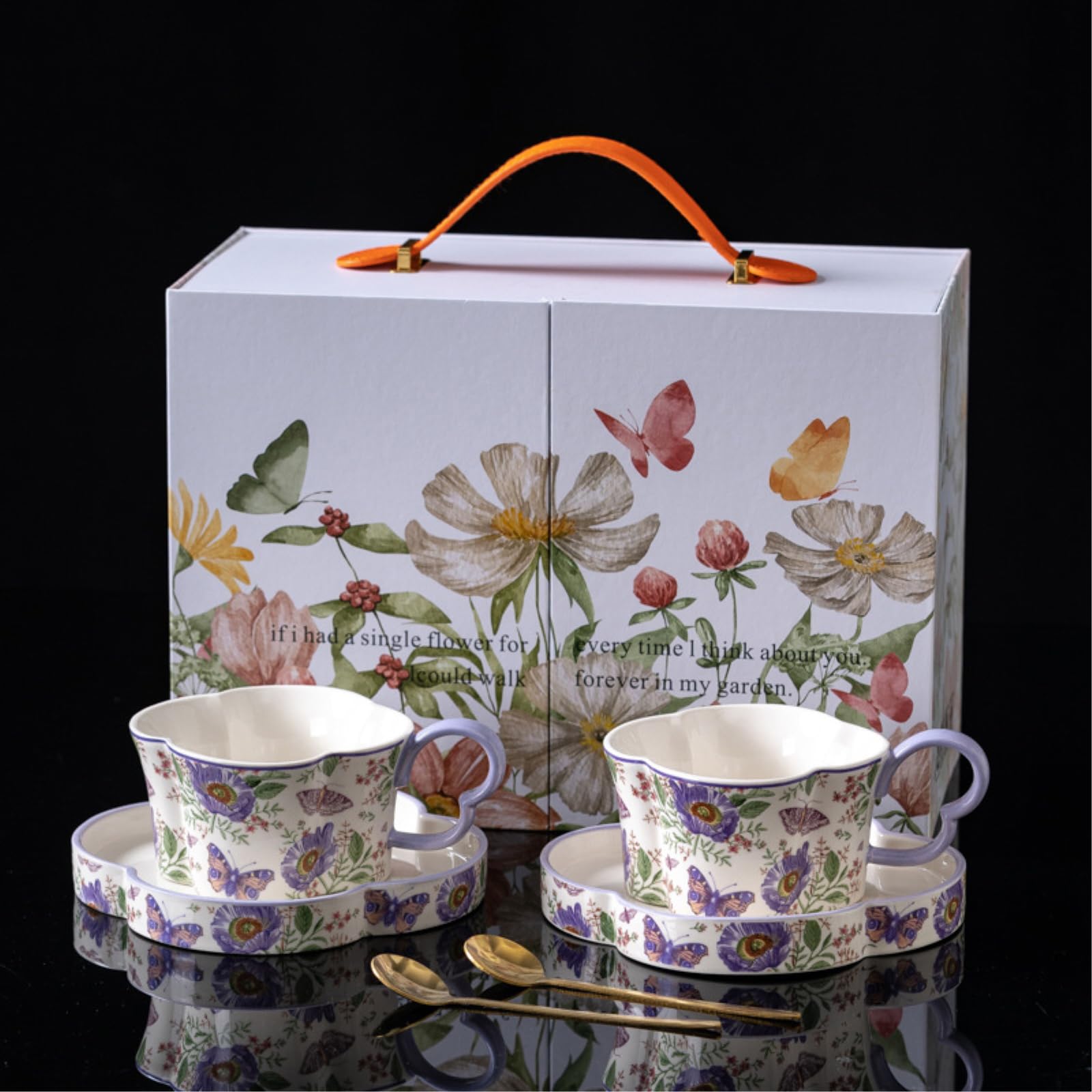 Ceramiczny zestaw filiżanek do kawy i spodków, 255 ml, kwiatowy wzór motyla, luksusowy styl retro, tajny motyw ogrodowy, do użytku domowego i biurowego, 2 filiżanki i spodki