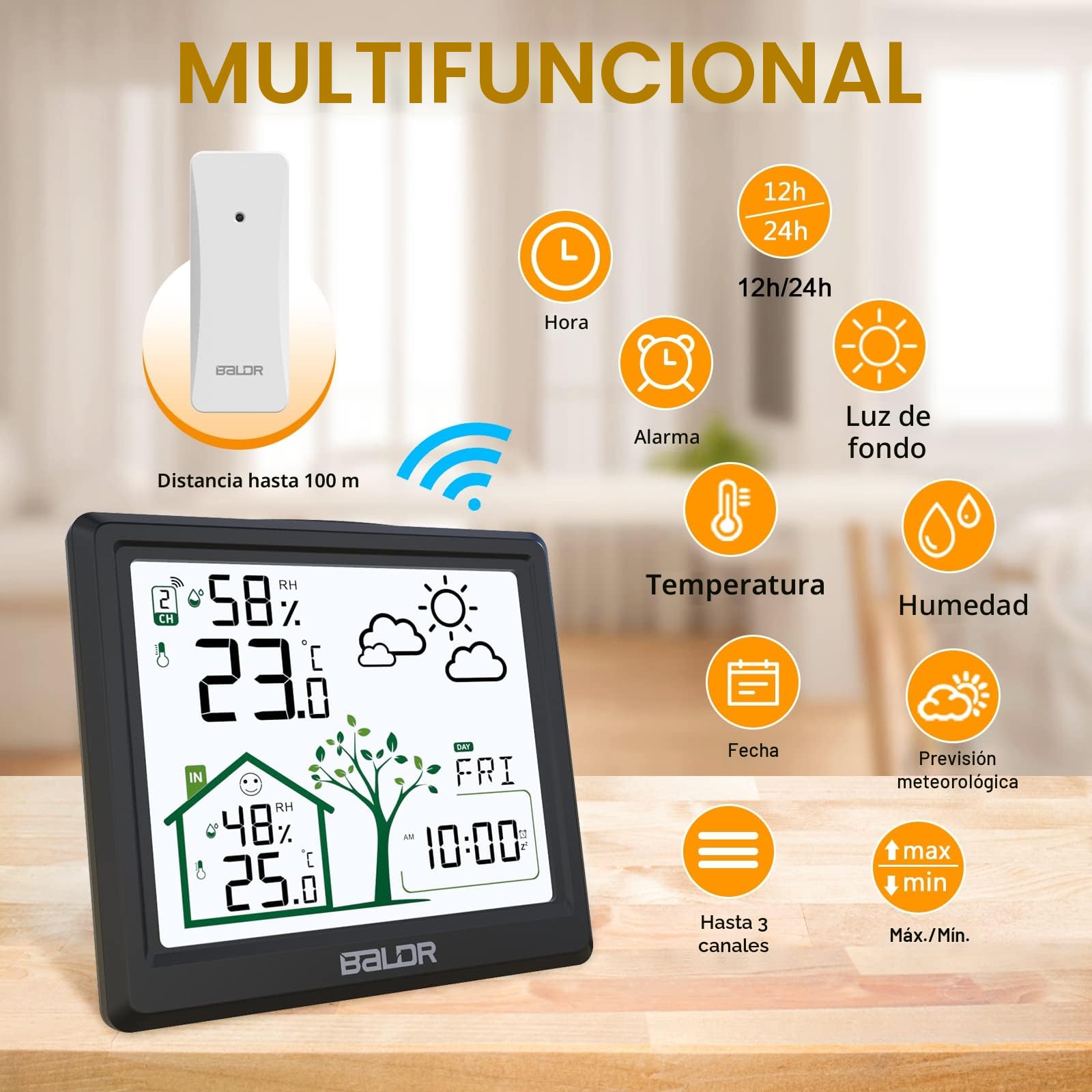 LEVIPE Estación Meteorológica Inalámbrica, Termómetro Higrómetro Barómetro Interior Exterior con Sensor LED Retroiluminación Pantalla Reloj Digital Alarma y Snooze Pantalla Hora Fecha Día Negro