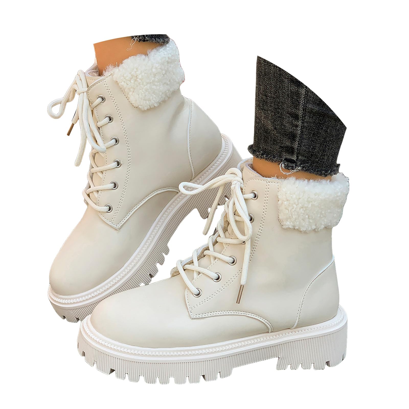 Women Winter Combat Boots Snow Warm Fleece Lined Cotton Shoes Lace Up Comfortable Non Slip Platform Ankle Boots