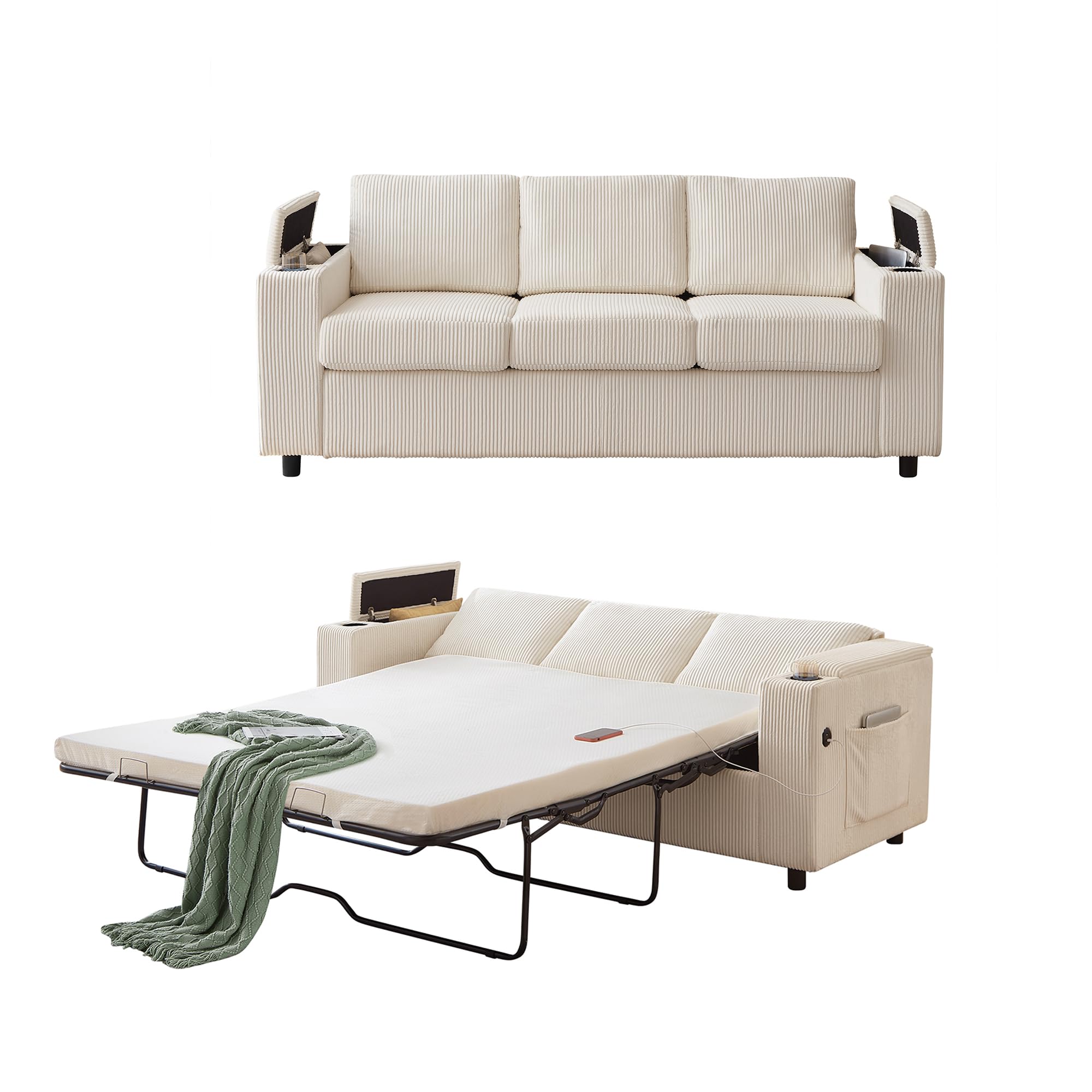 Photo 1 of Eafurn 81" Corduroy Sleeper Sofa with Queen Mattress, USB Ports, Storage
