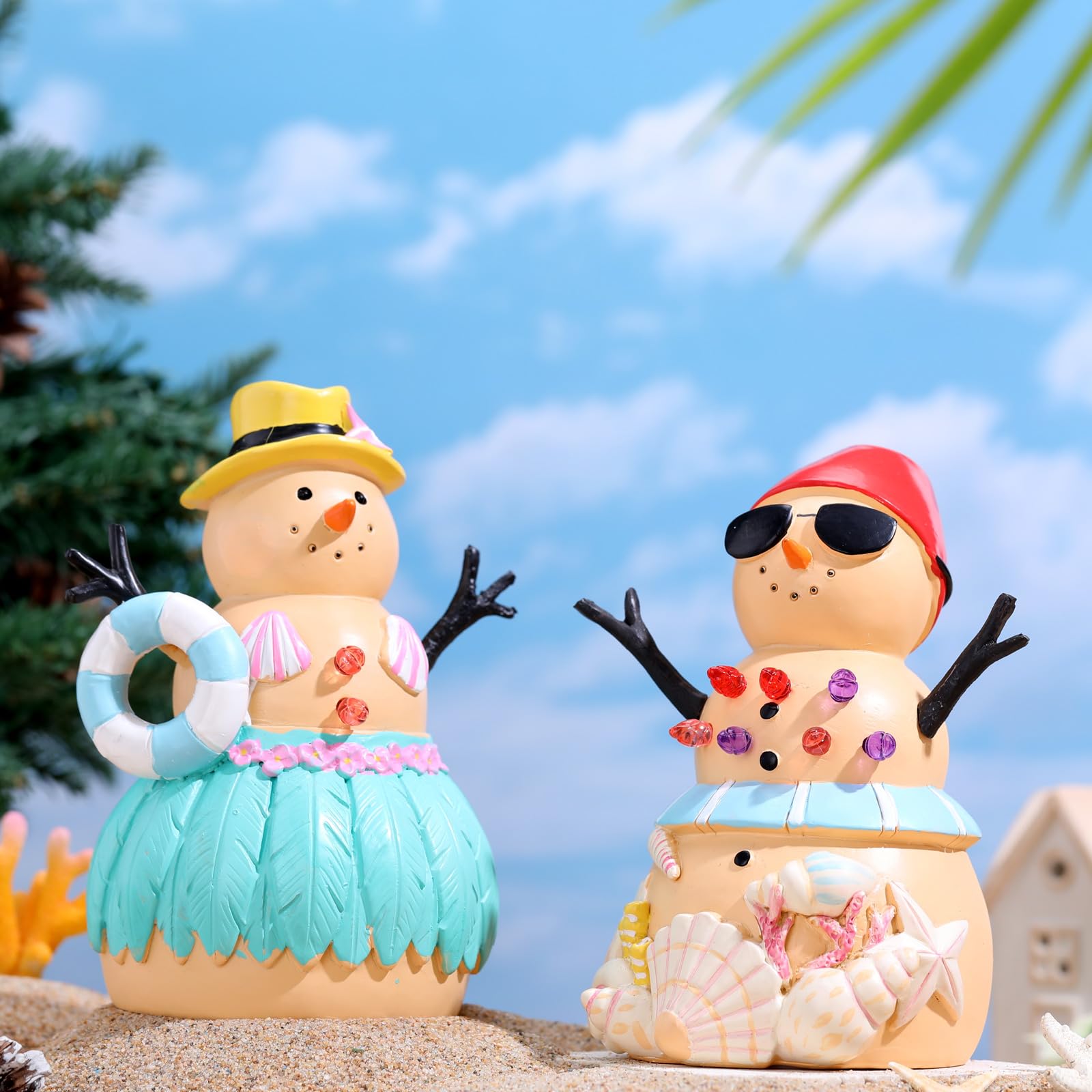 Bucherry 2 figuras de muñeco de nieve de playa con luz de resina de Navidad, decoraciones de muñeco de nieve costero, centros de mesa de Navidad, para el hogar, 3.5 x 3.5 x 5.9 pulgadas