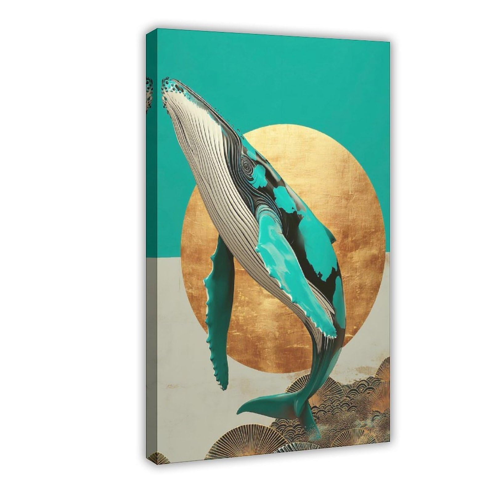 Jfecth Frame-Style Stylized Whale Turquoise Gold Sun Poster Canvas Poster For Dorm Room Decor Gift
