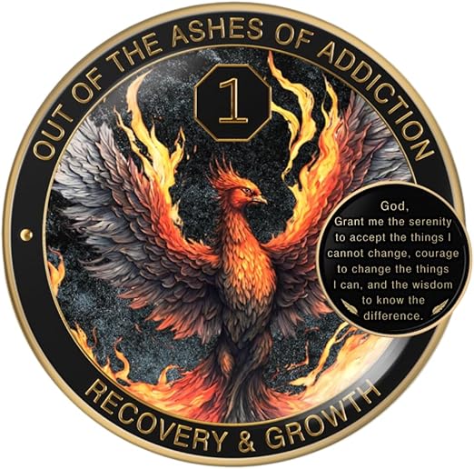 Phoenix Sobriety Coin | AA Chip Medallion Gift Set with Coin Capsule, Display Stand & Card for Sober Men & Women in Recovery | Sobriety Gifts for Anniversary Month & Year (1 Year)
