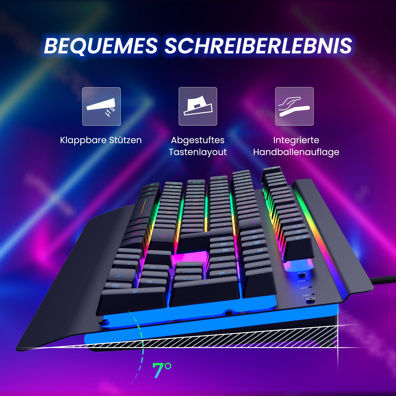 RisoPhy Gaming Tastatur, QWERTZ, Vollmetallgehäuse, Regenbogen-LED-Hintergrundbeleuchtung, Leise Computer Tastatur, Handballenauflage, Beleuchtet Tastatur mit Kabel USB für PC und Mac Gamer
