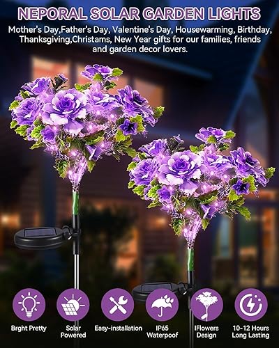 Miniatura 9 de Neporal Luces solares de jardín, paquete de 4 flores solares moradas de clavel, luces solares impermeables para exteriores, IP65, luces decorativas