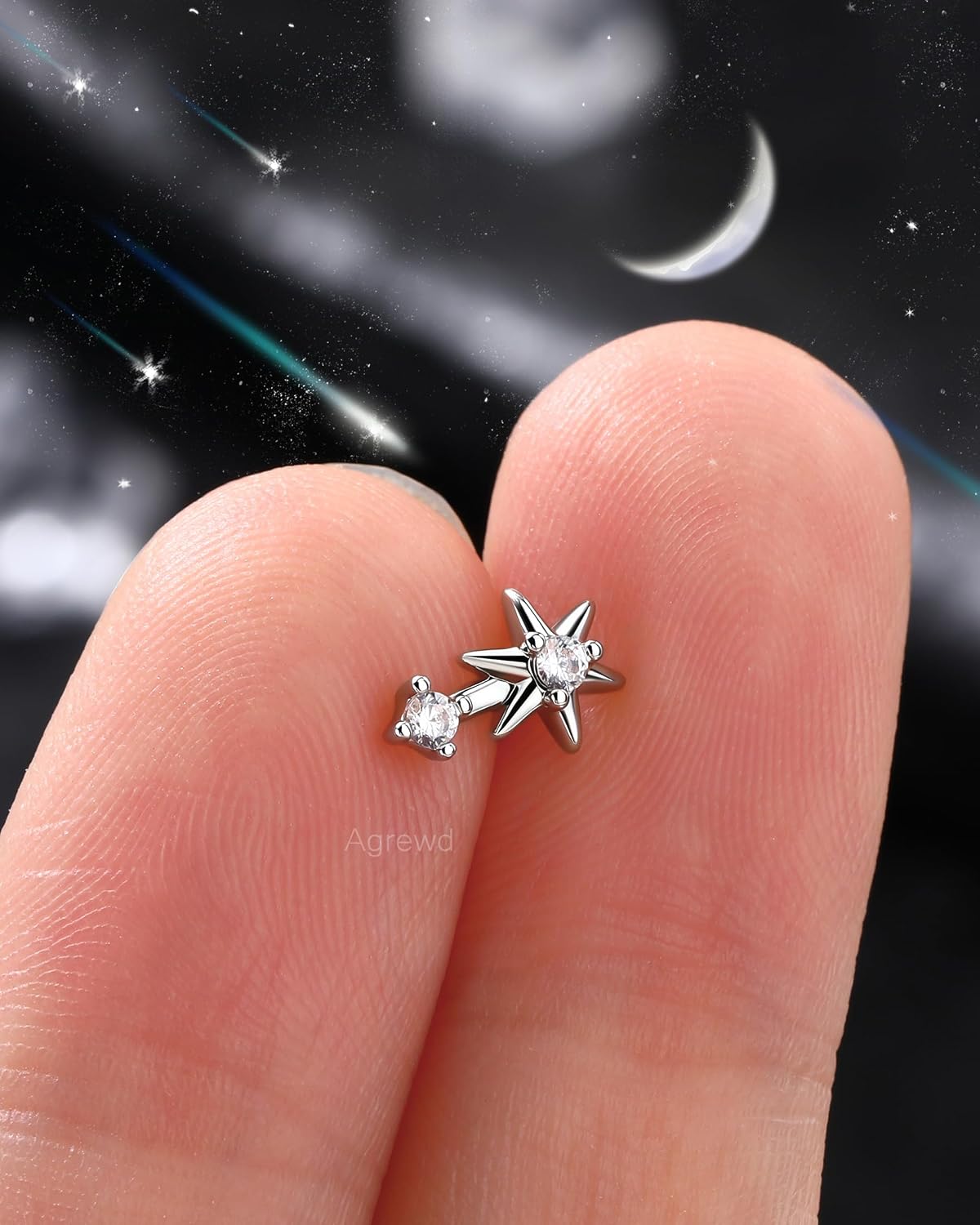 Meteor Titanium Flat Back Cartilage Earring-Push-In Helix Earring 16G-316L Stainless Steel & G23 Titanium-Helix, Tragus, Conch, Flat Back Stud Jewelry