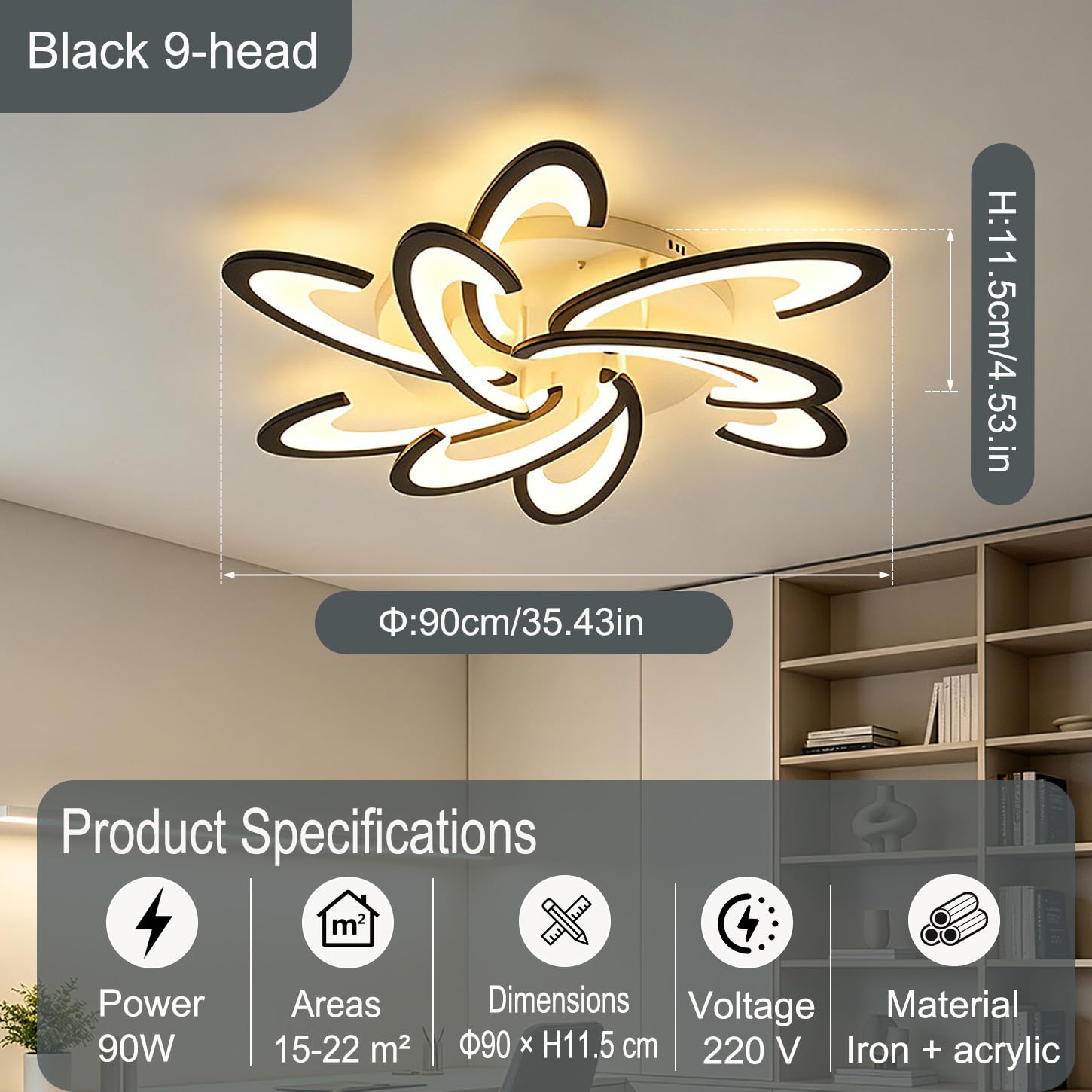 Lampa Sufitowa LED Regulacją Jasności 90 cm Kwiatowy Salonu Czarna